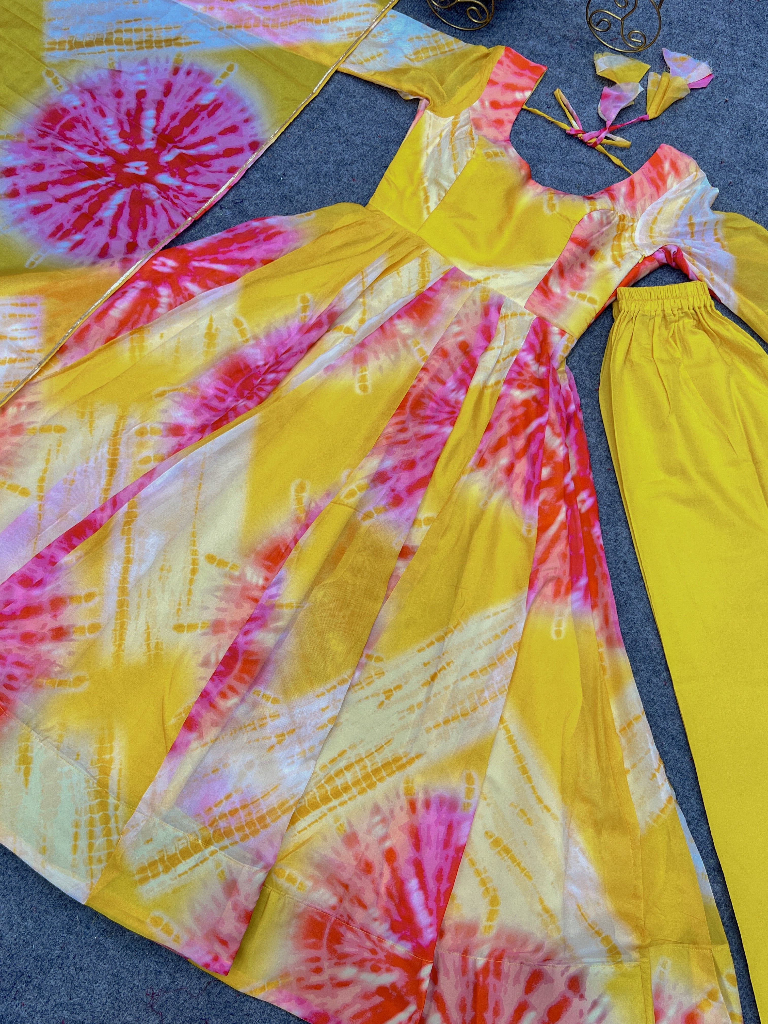 Shibori Print Yellow Color Anarkali Suit