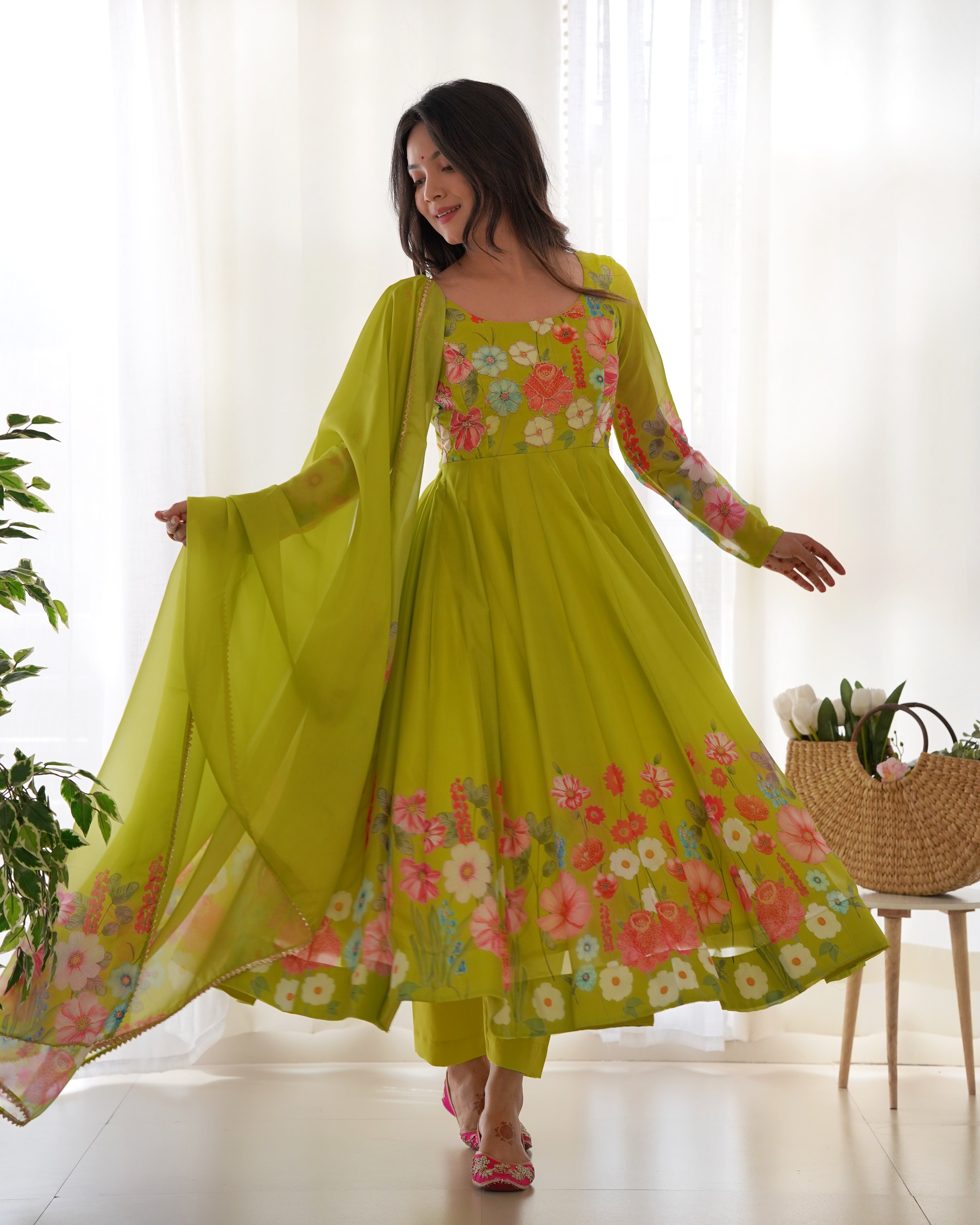 Multi Flower Print Parrot Green Color Anarkali Suit
