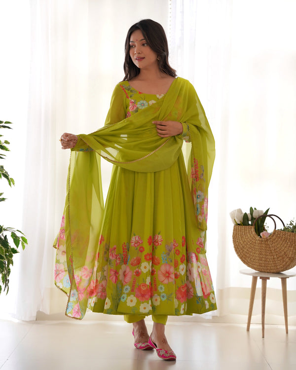Multi Flower Print Parrot Green Color Anarkali Suit