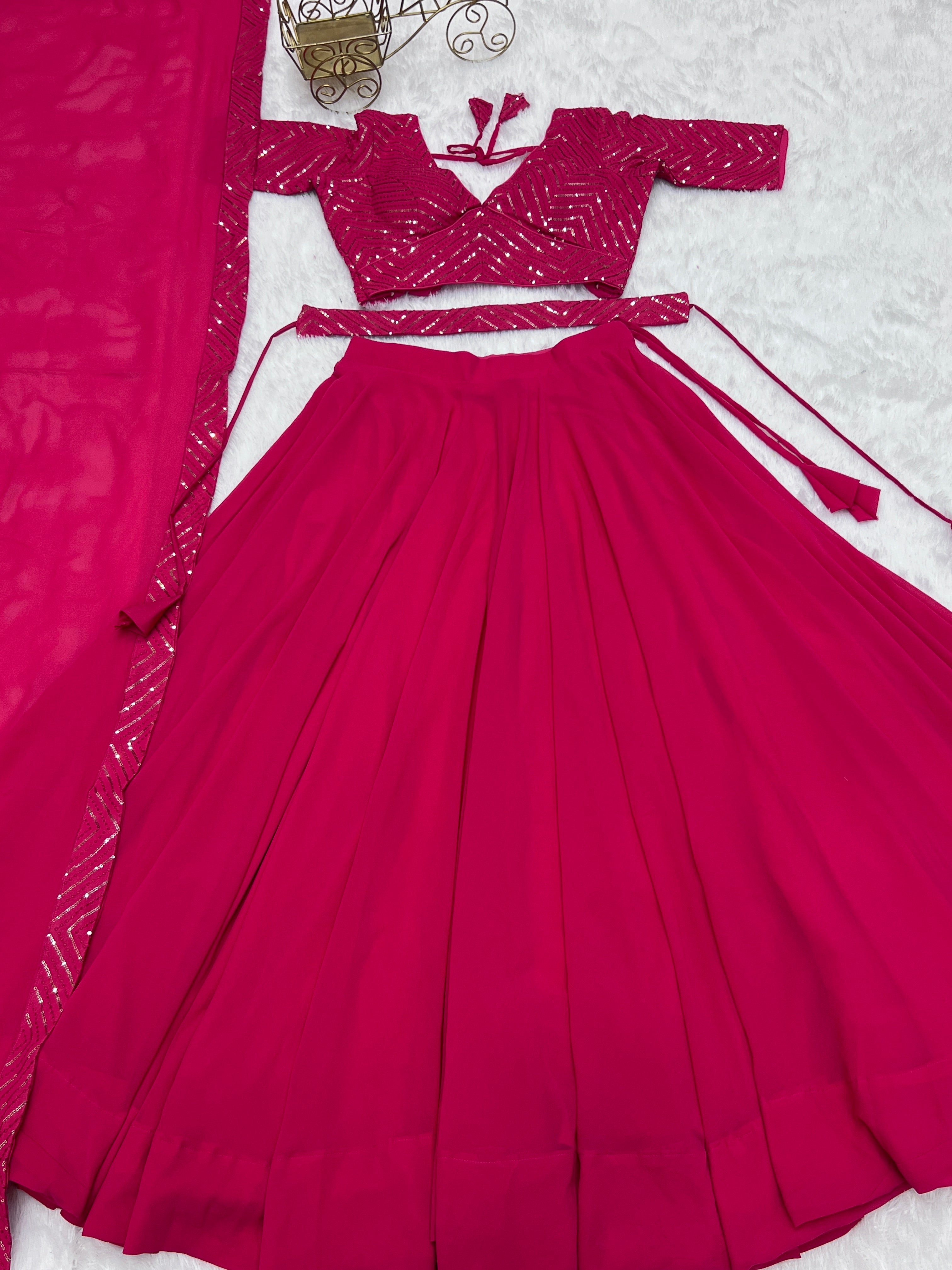 Plain Pink Lehenga With Sequence Work Blouse