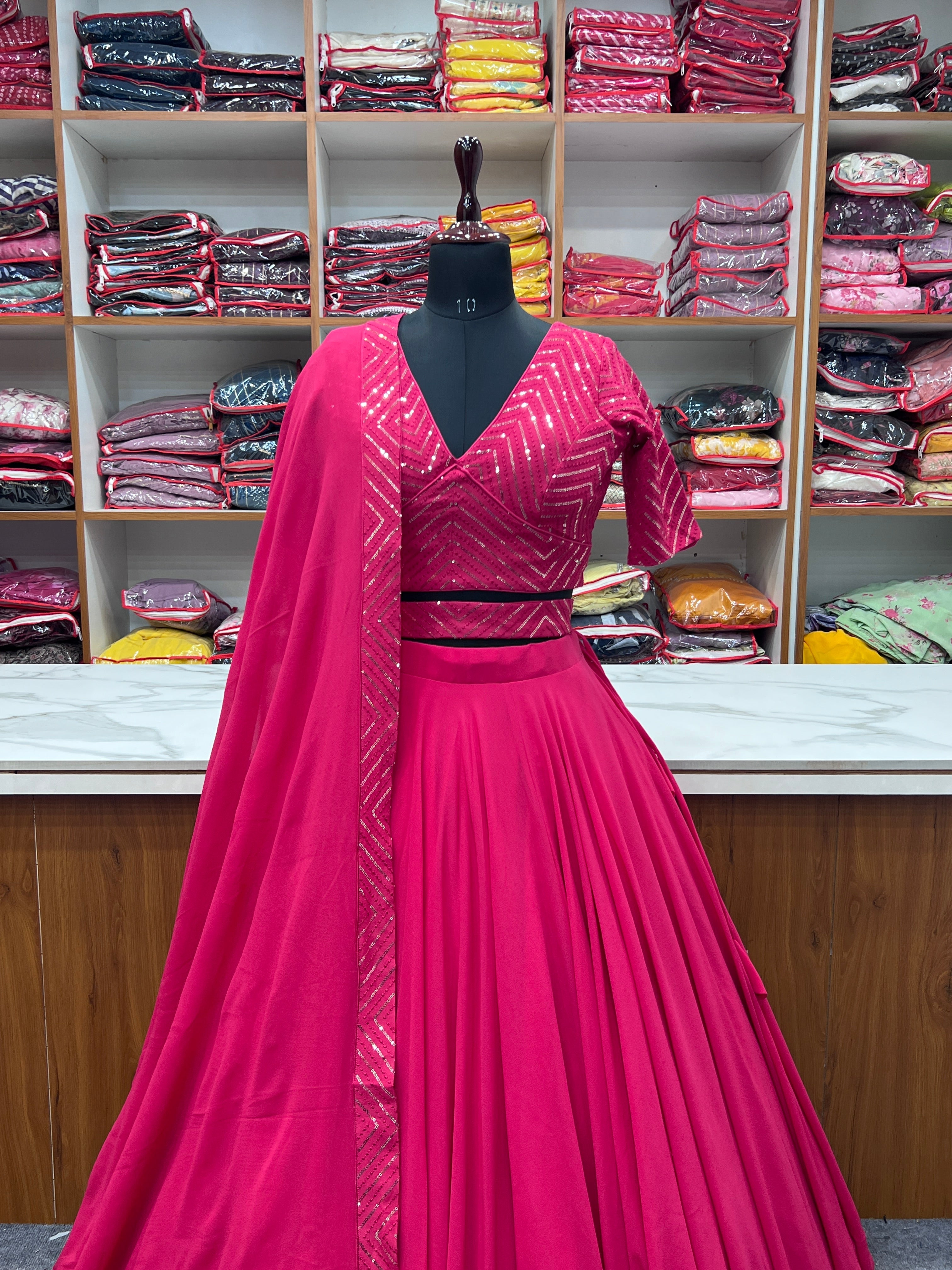 Plain Pink Lehenga With Sequence Work Blouse