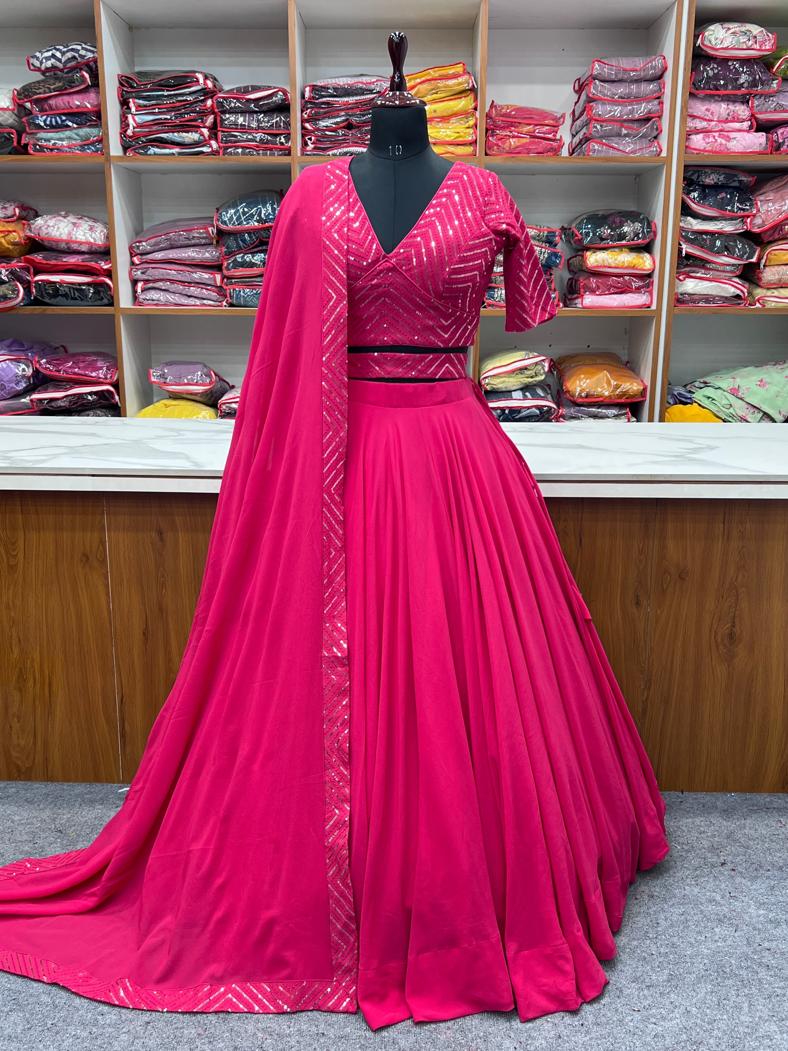 Plain Pink Lehenga With Sequence Work Blouse