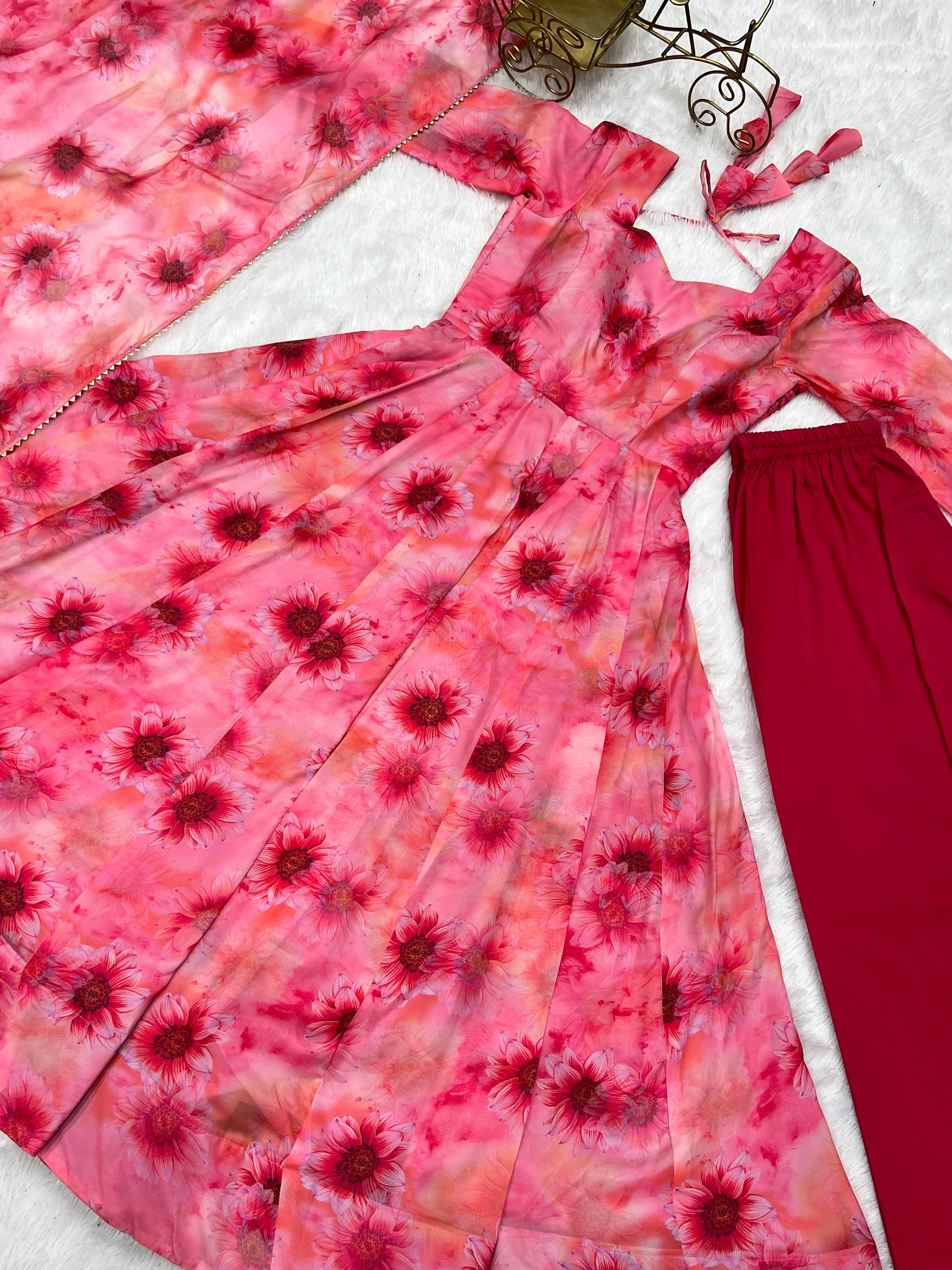 Pink Color Organza Silk Printed Anarkali Suit