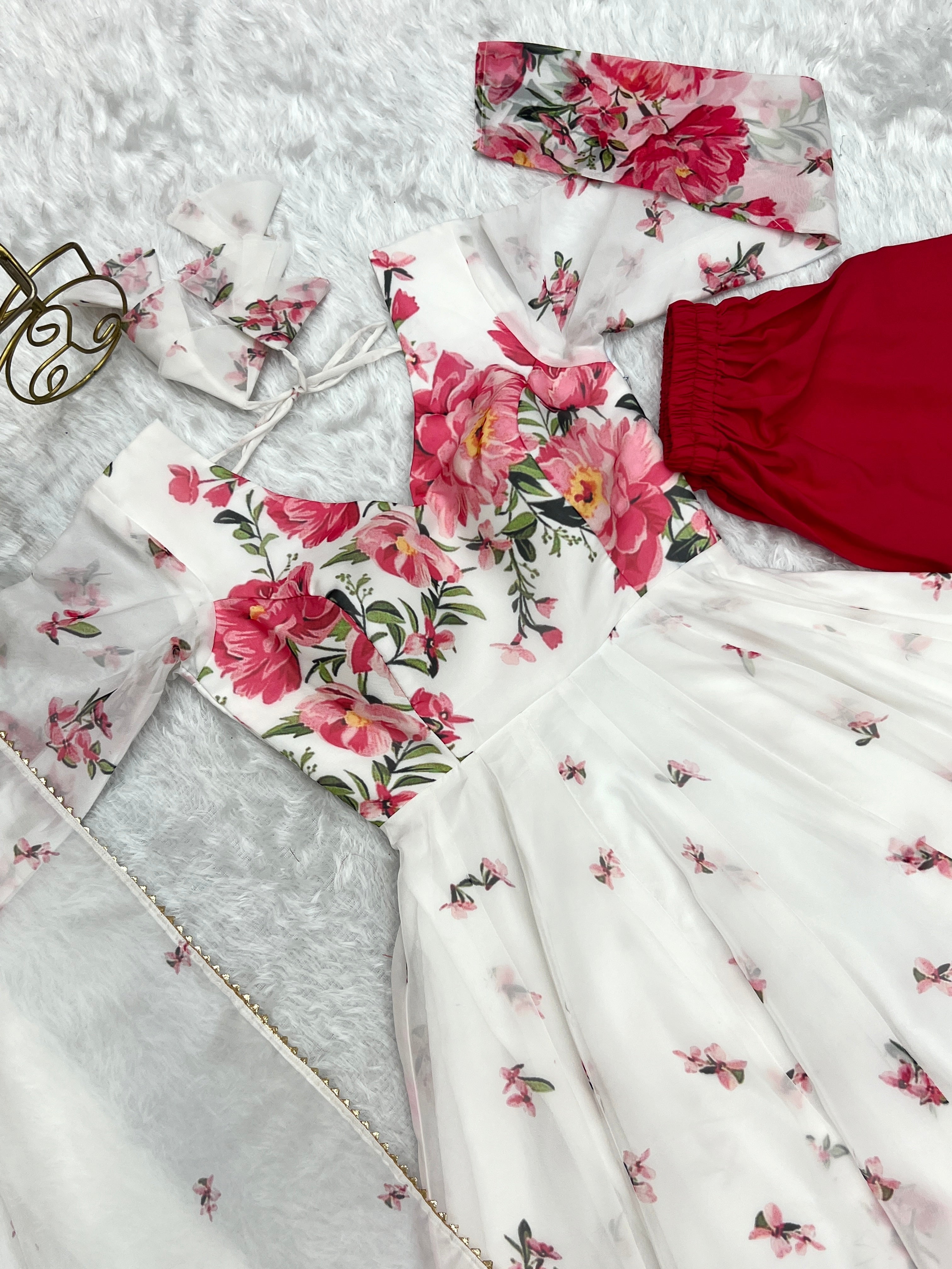Floral Print White Color Organza Anarkali Suit