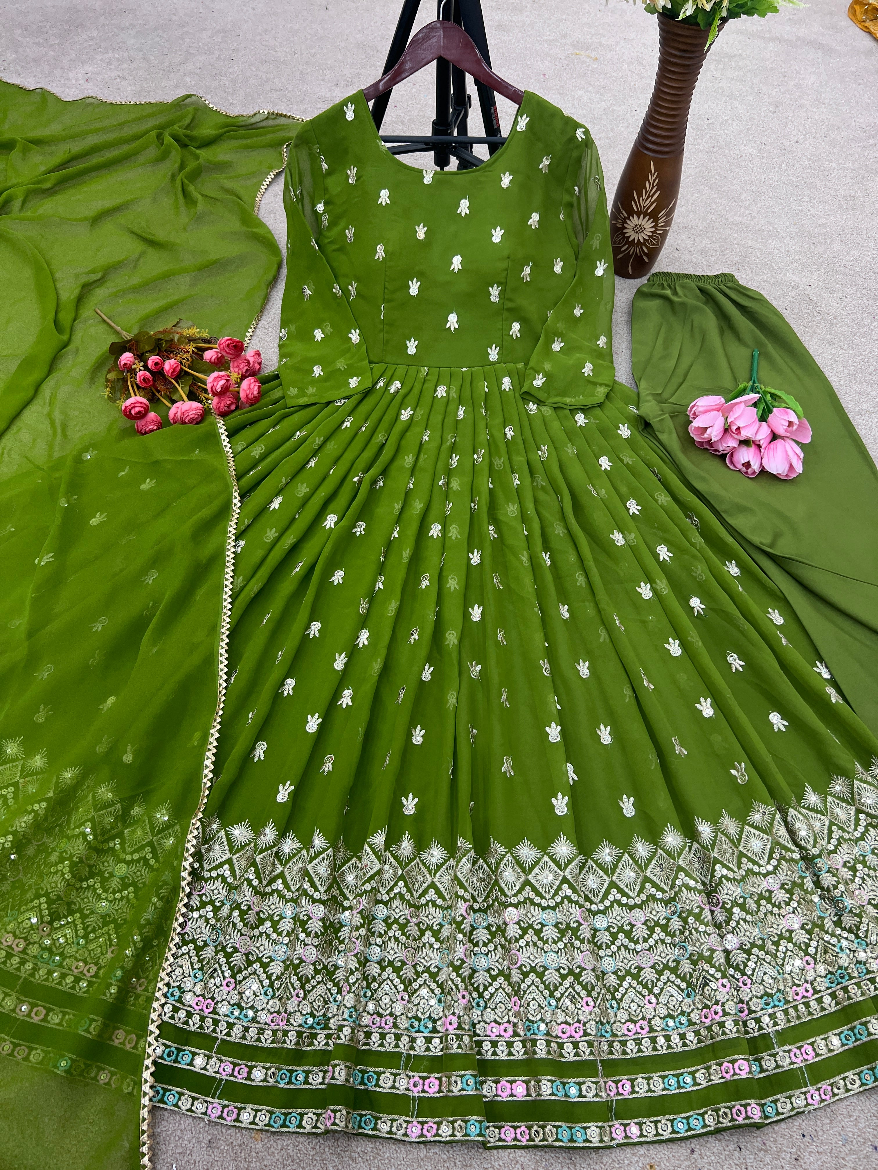 Marvelous Mehndi Color Thread Embroidery Work Gown