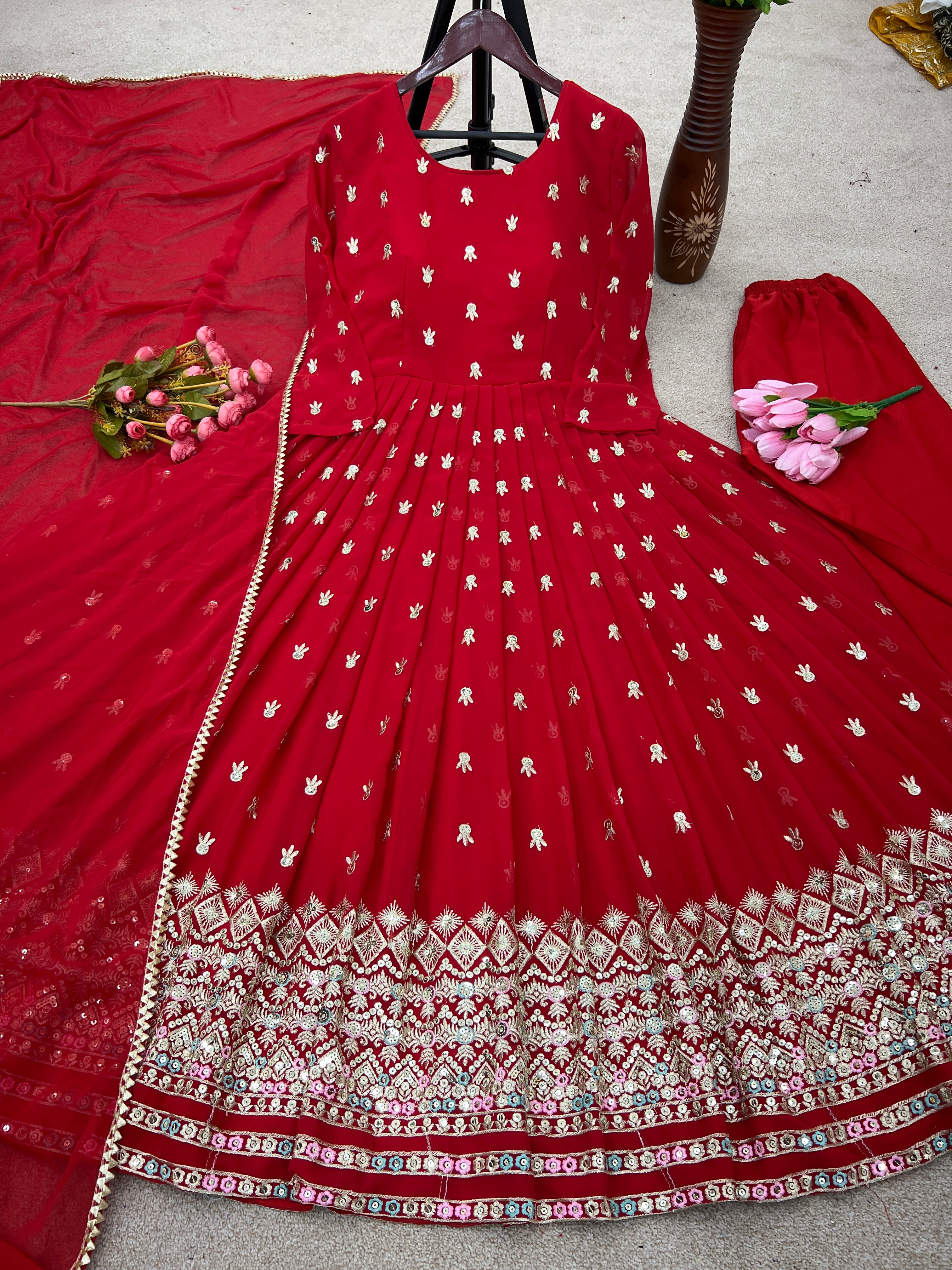Marvelous Red Color Thread Embroidery Work Gown