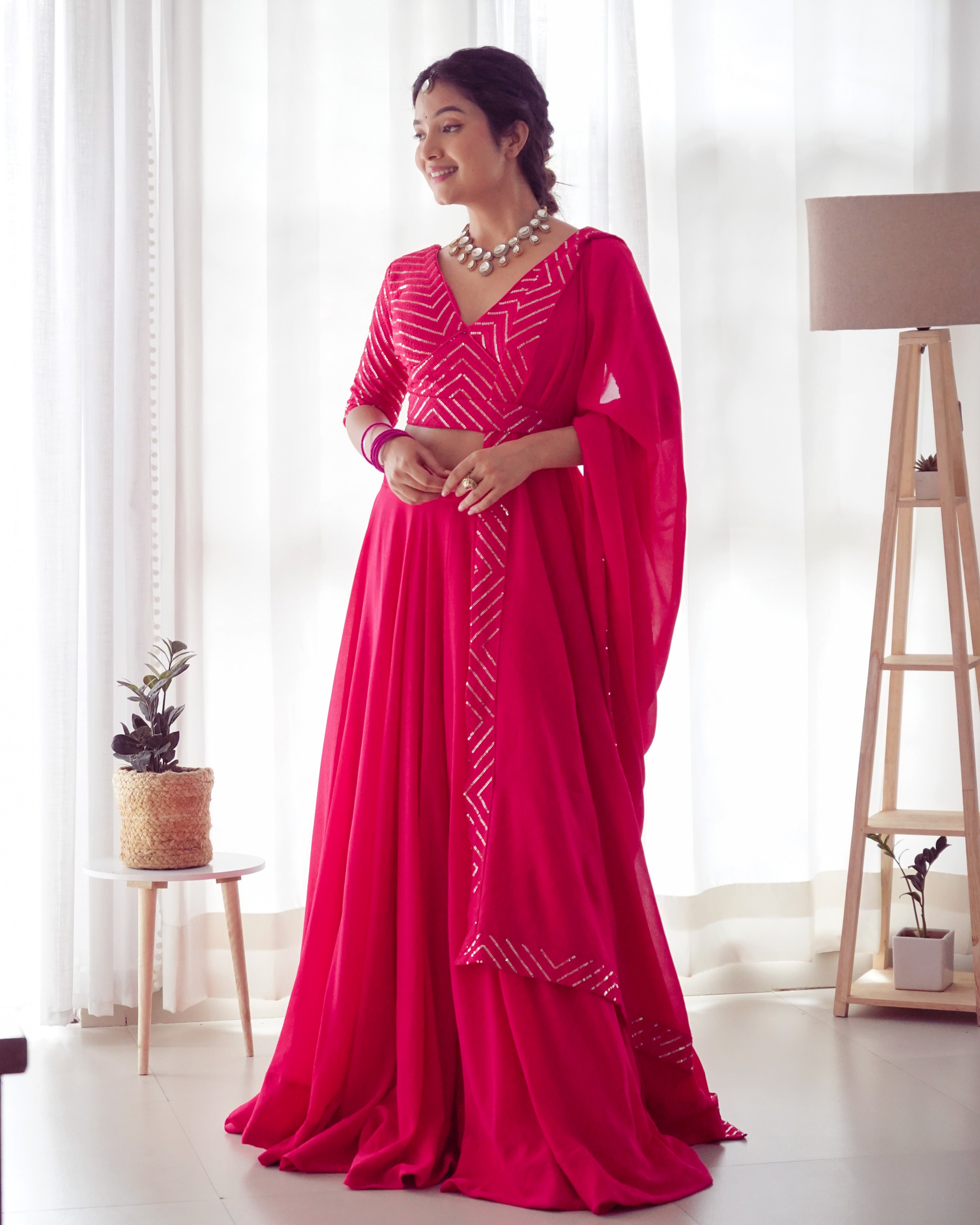 Plain Pink Lehenga With Sequence Work Blouse