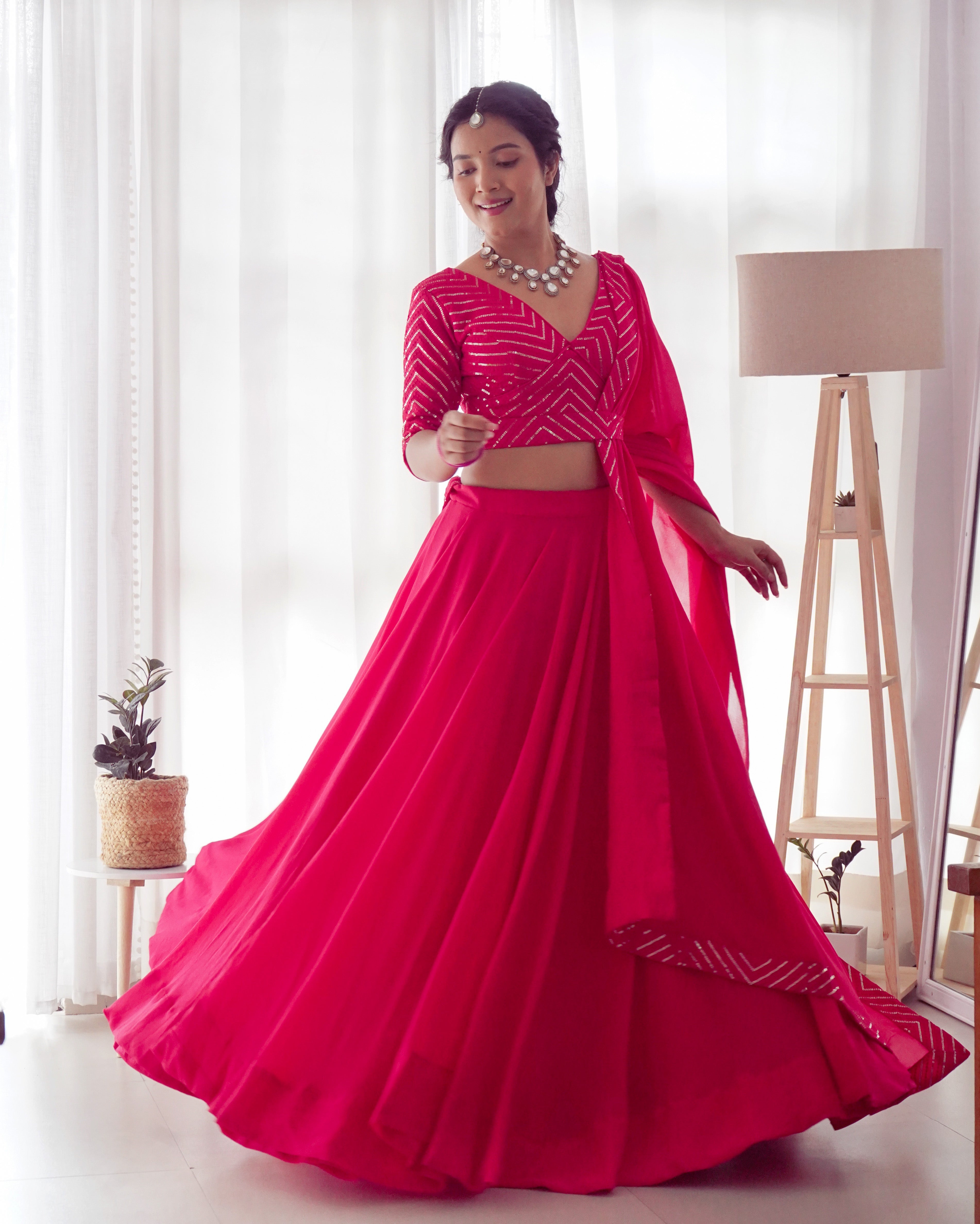 Plain Pink Lehenga With Sequence Work Blouse