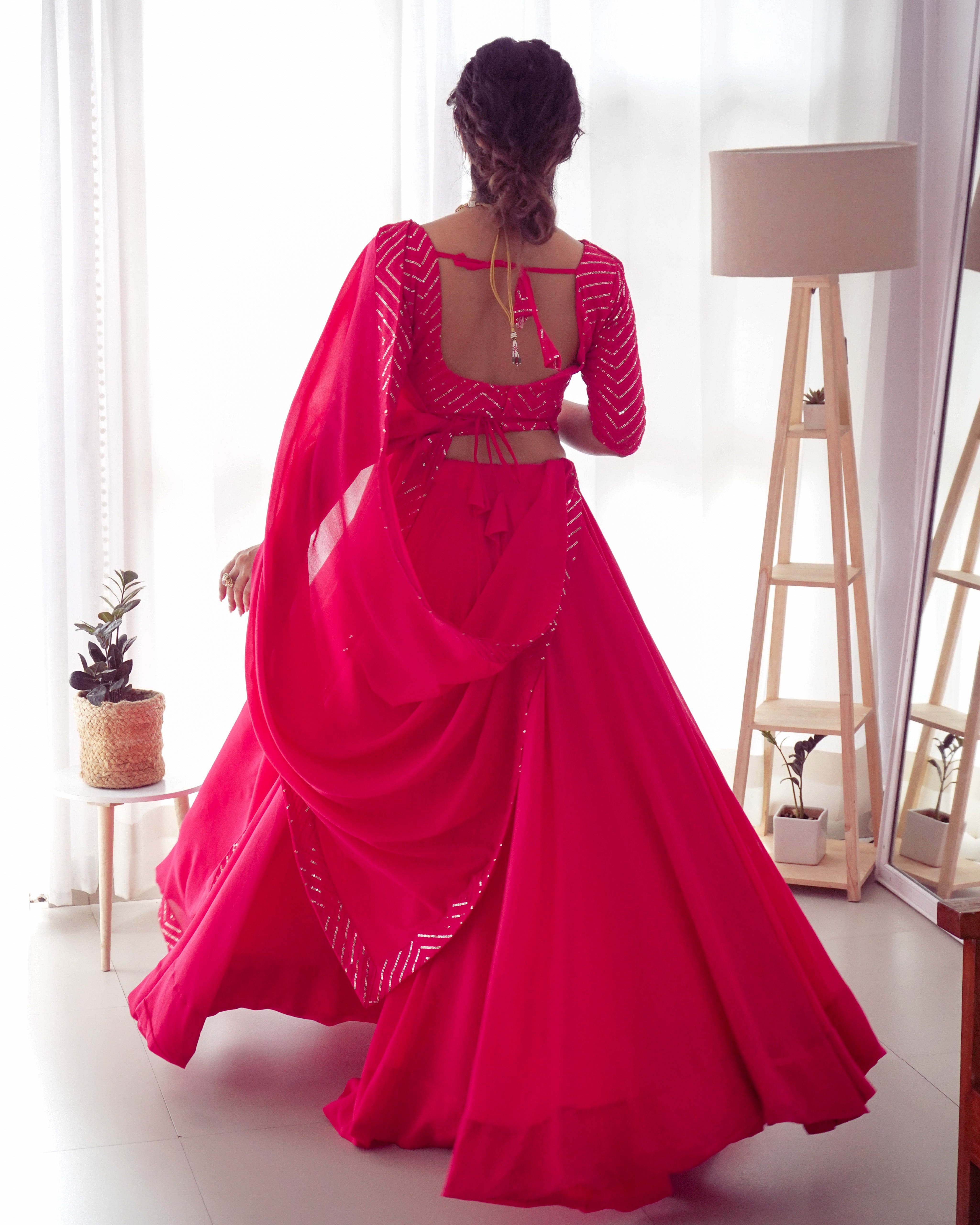 Plain Pink Lehenga With Sequence Work Blouse