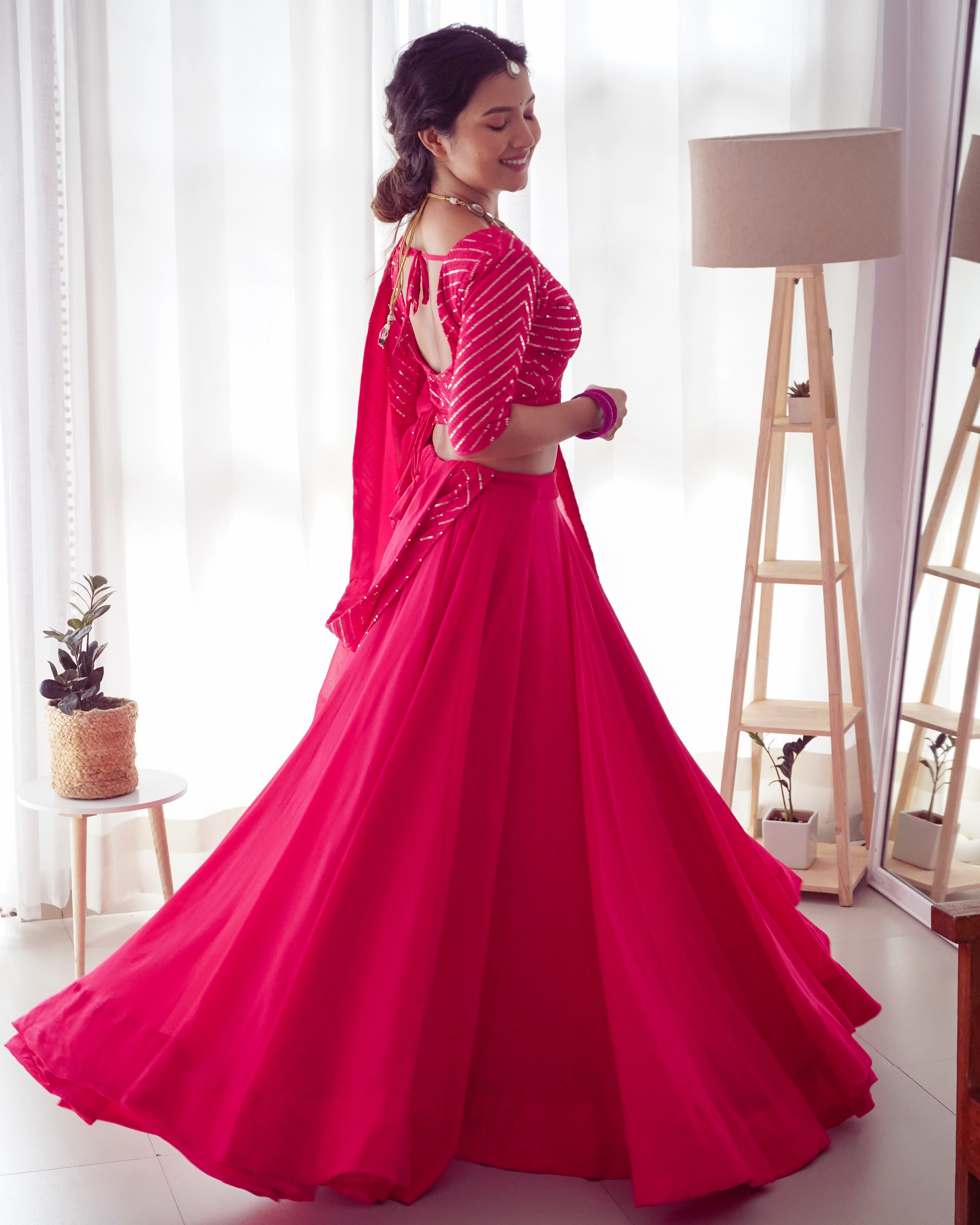 Plain Pink Lehenga With Sequence Work Blouse