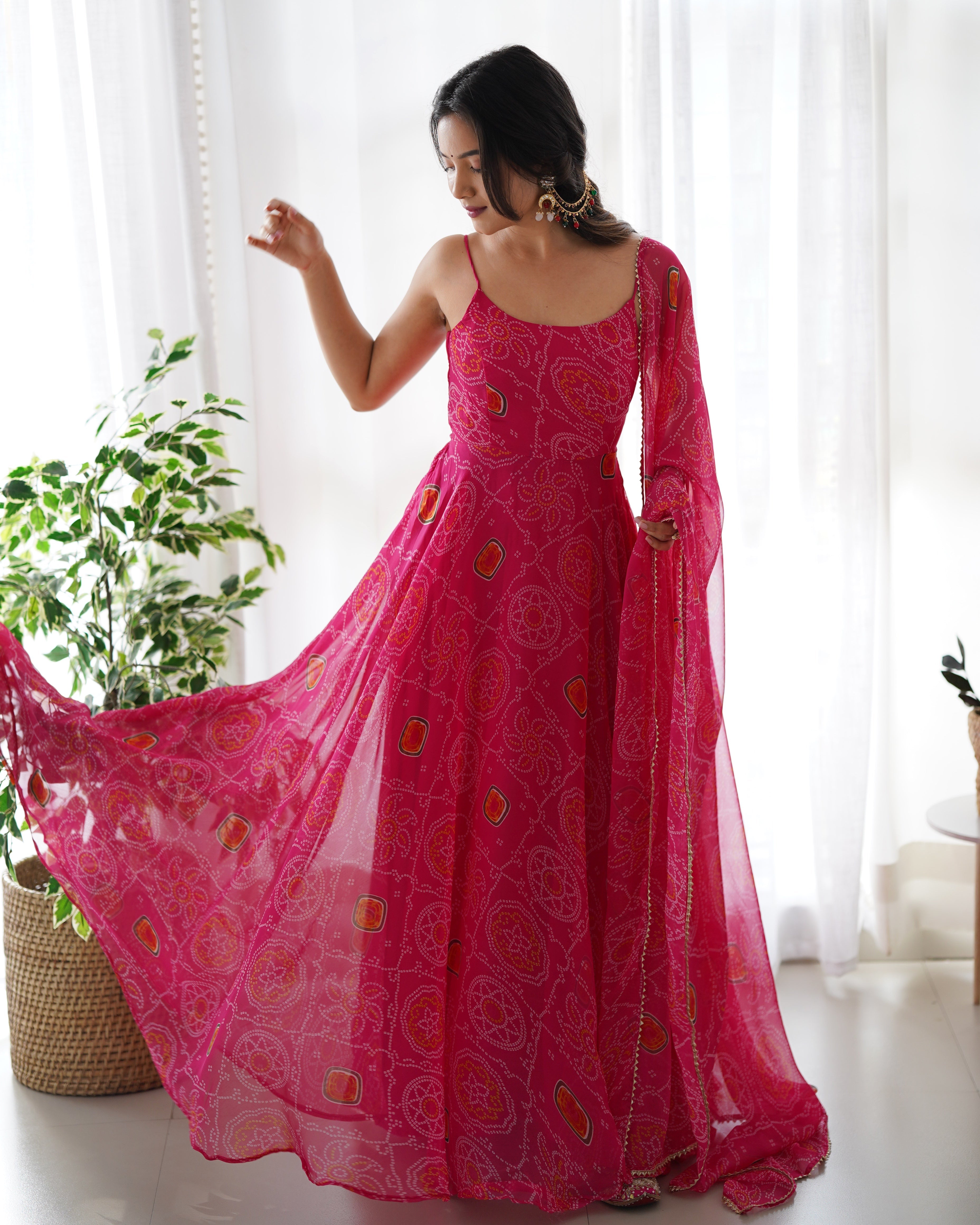 Pretty Pink Color Bandhani Print Anarkali Suit