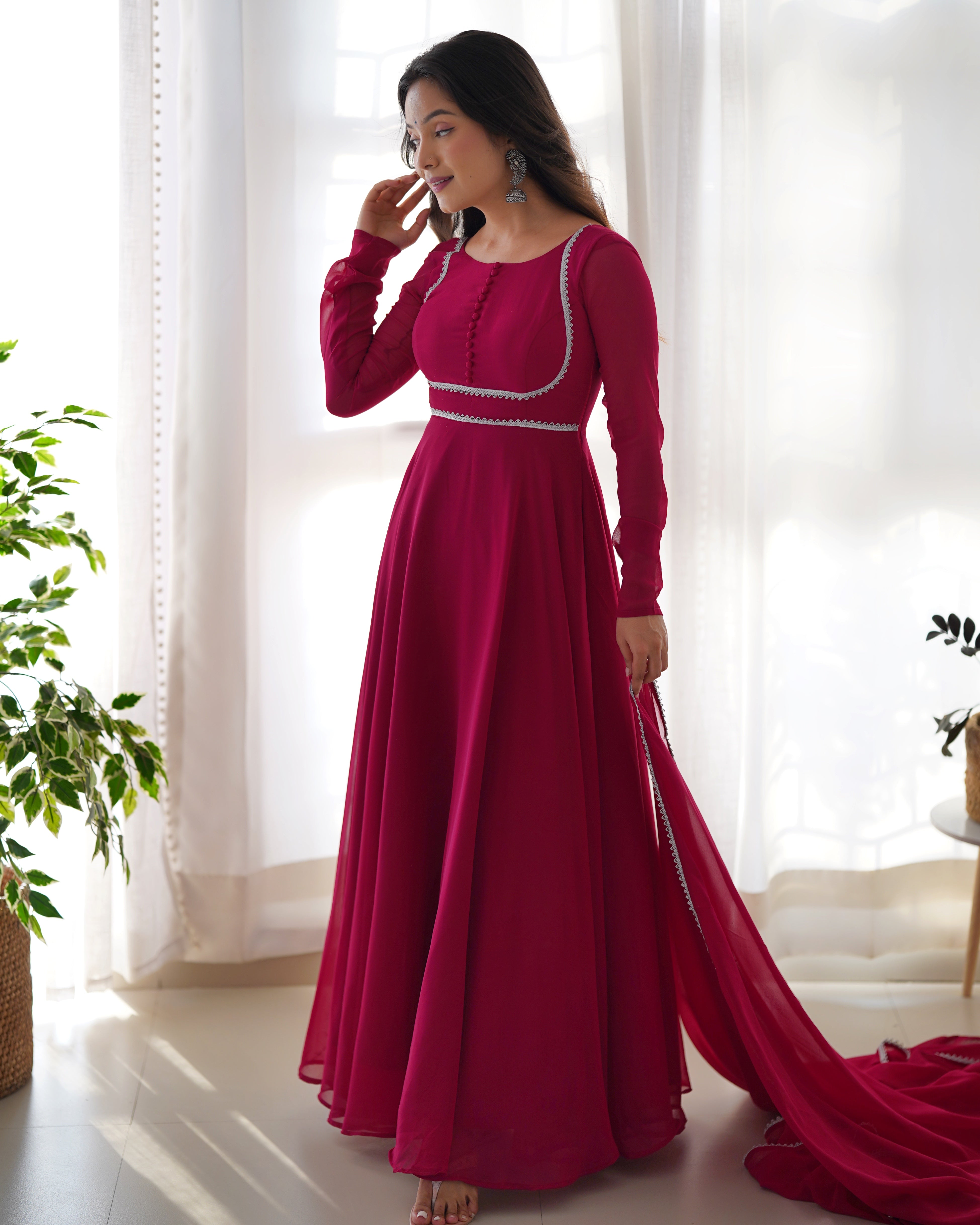 Unique Pattern Dark Pink Color Gown With Dupatta