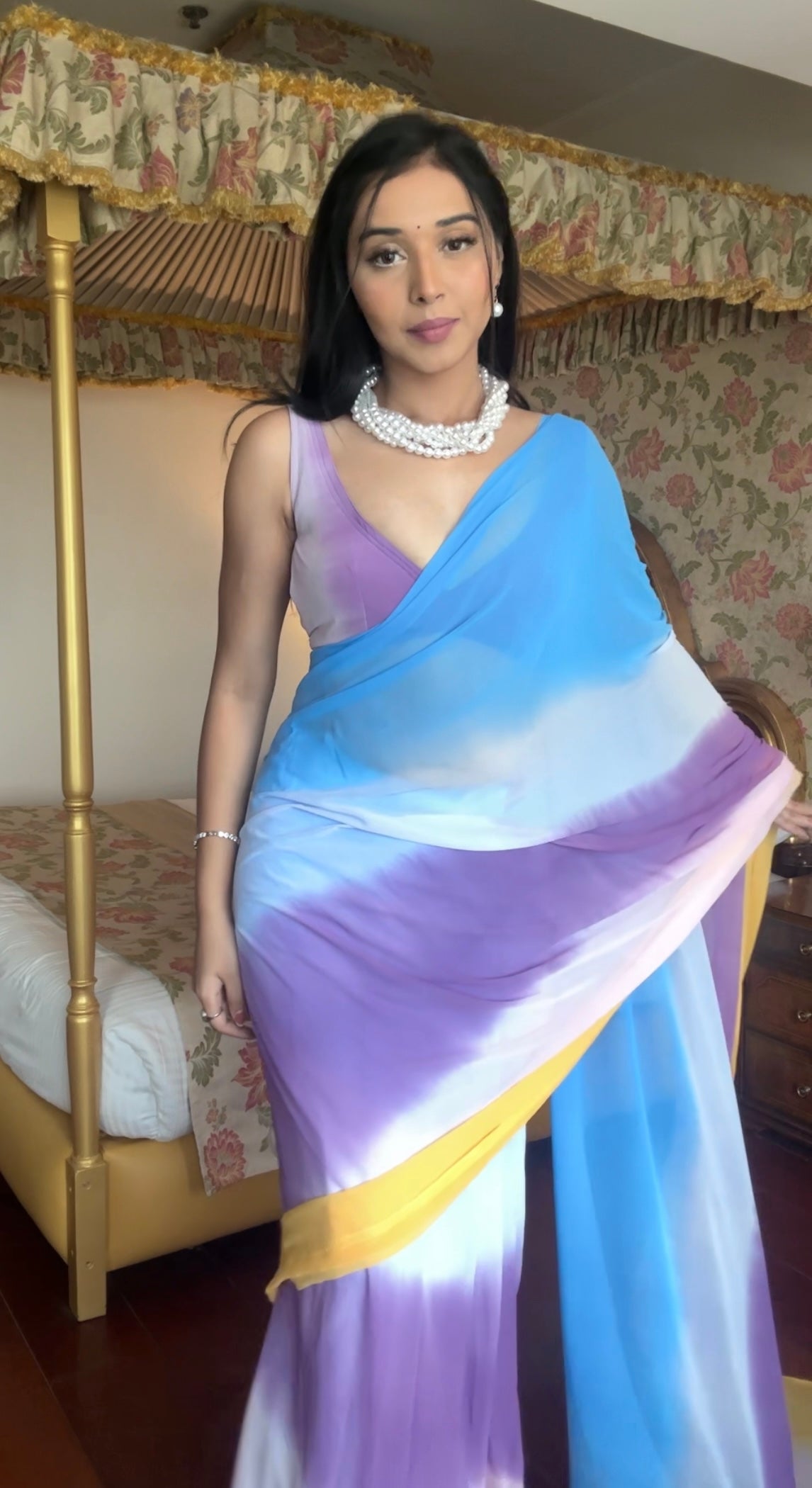 Sky Blue And Purple Ready To Wear Double Tone Saree