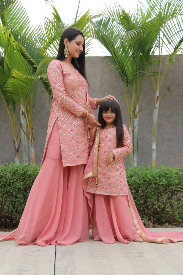Beautiful Peach Color Mother Daughter Sharara Suit