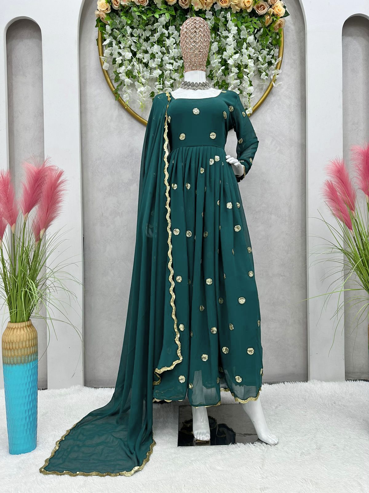 Festive Wear Teal Blue Color Sequence Work Gown