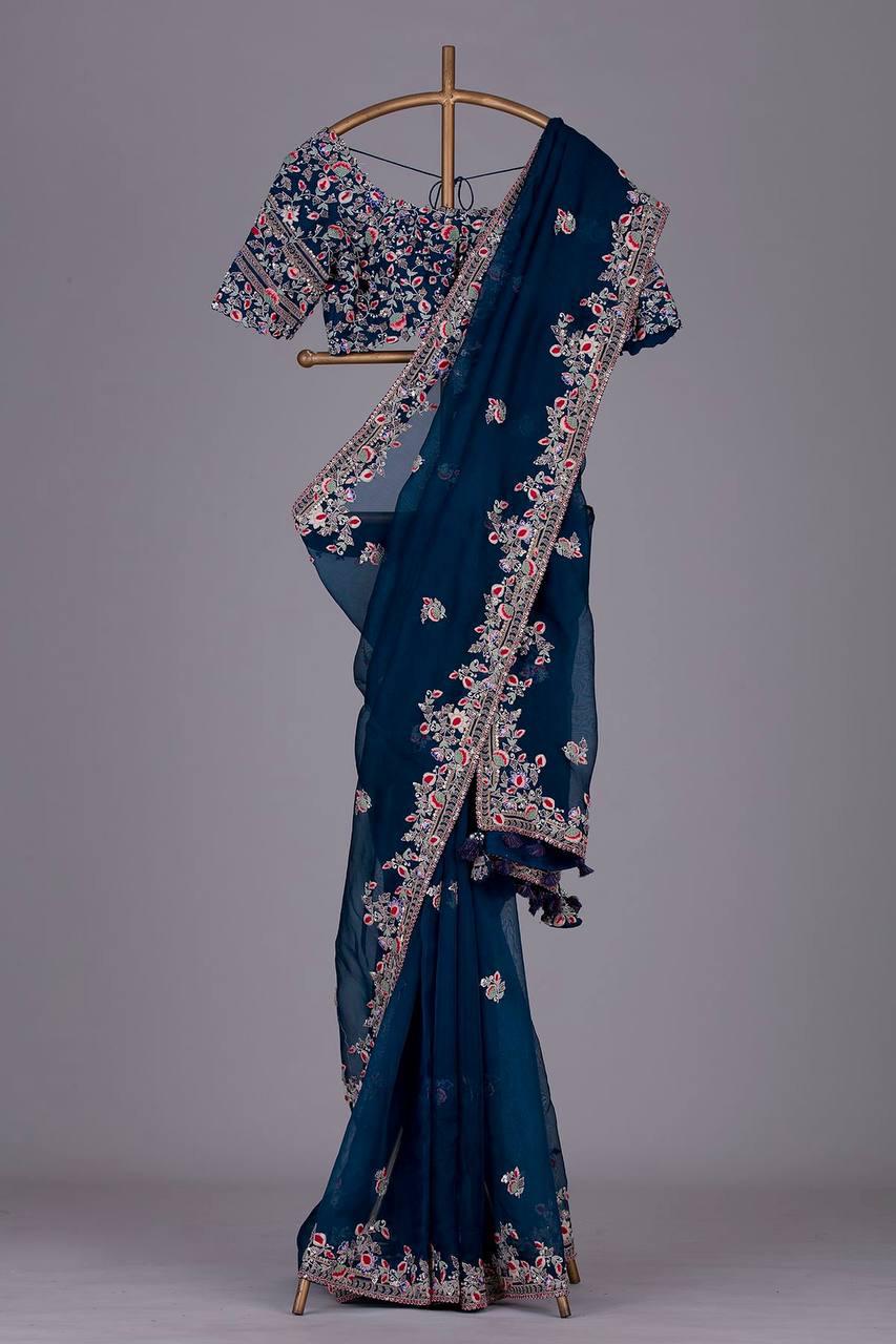 Function Wear Navy Blue Color Embroidered Saree