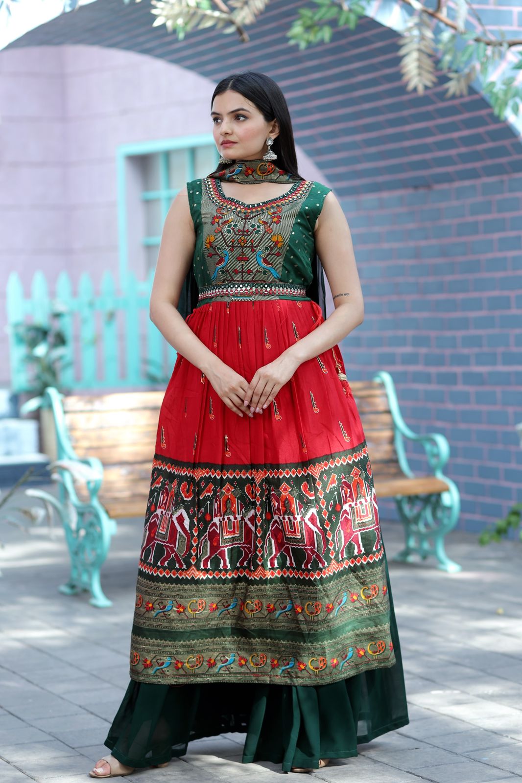 Hand Mirror Work Green And Red Patola Designer Sharara Suit