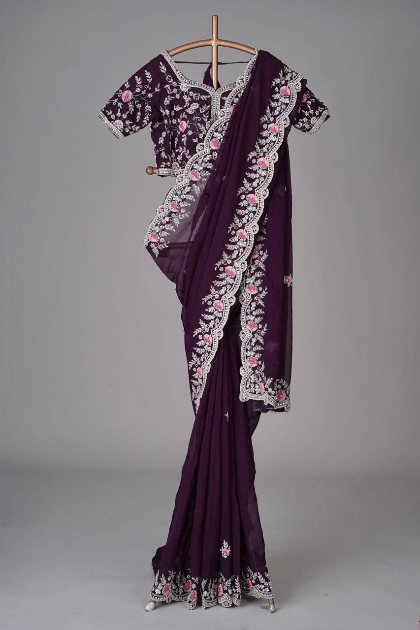 Fantastic Wine Color Sequence Embroidery Work Saree