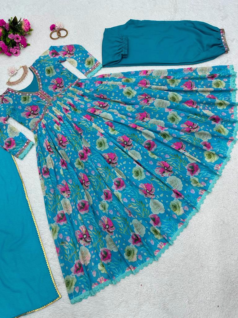 Sky Blue Color Rose Flower Print Anarkali Gown