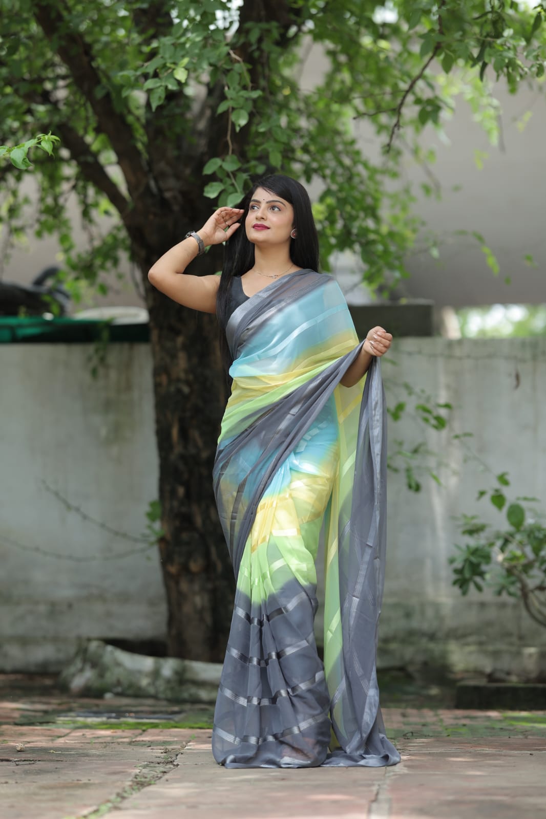 Satin Strip Gray Color Shading Ready To Wear Saree