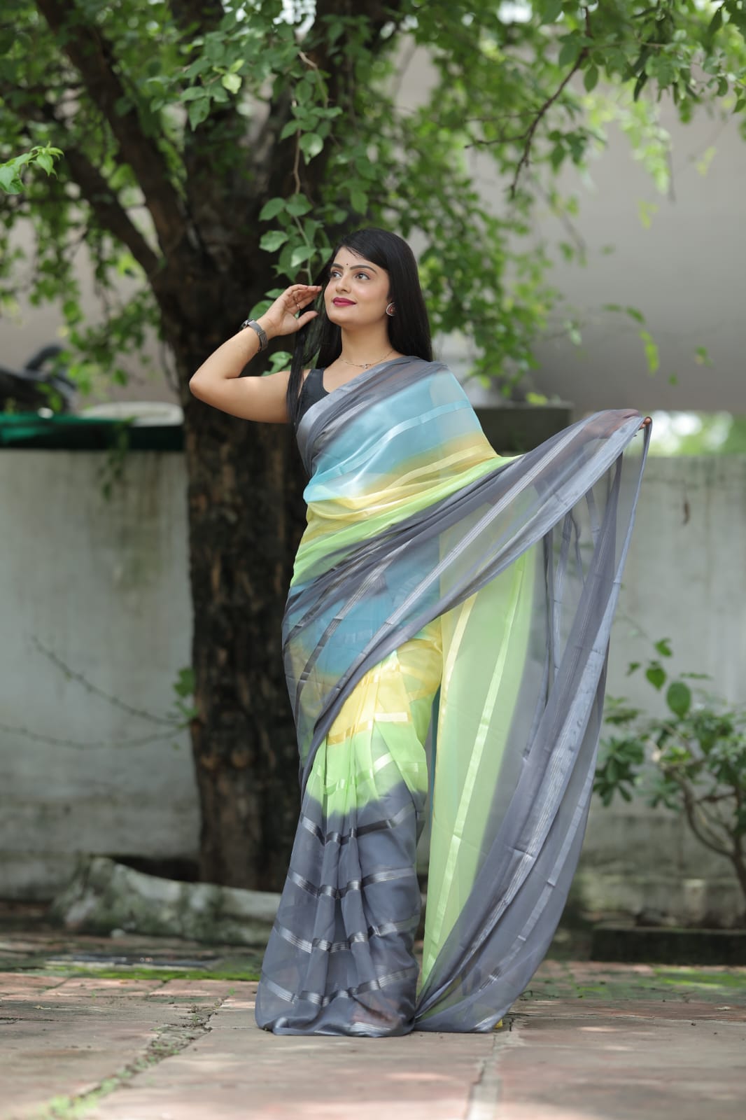 Satin Strip Gray Color Shading Ready To Wear Saree