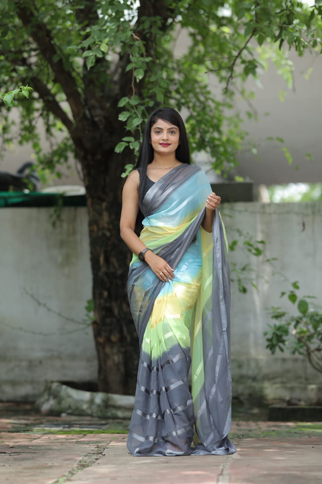 Satin Strip Gray Color Shading Ready To Wear Saree