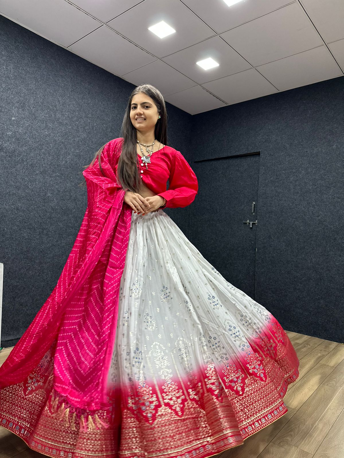 Terrific Pink And White Crush Work Lehenga Choli