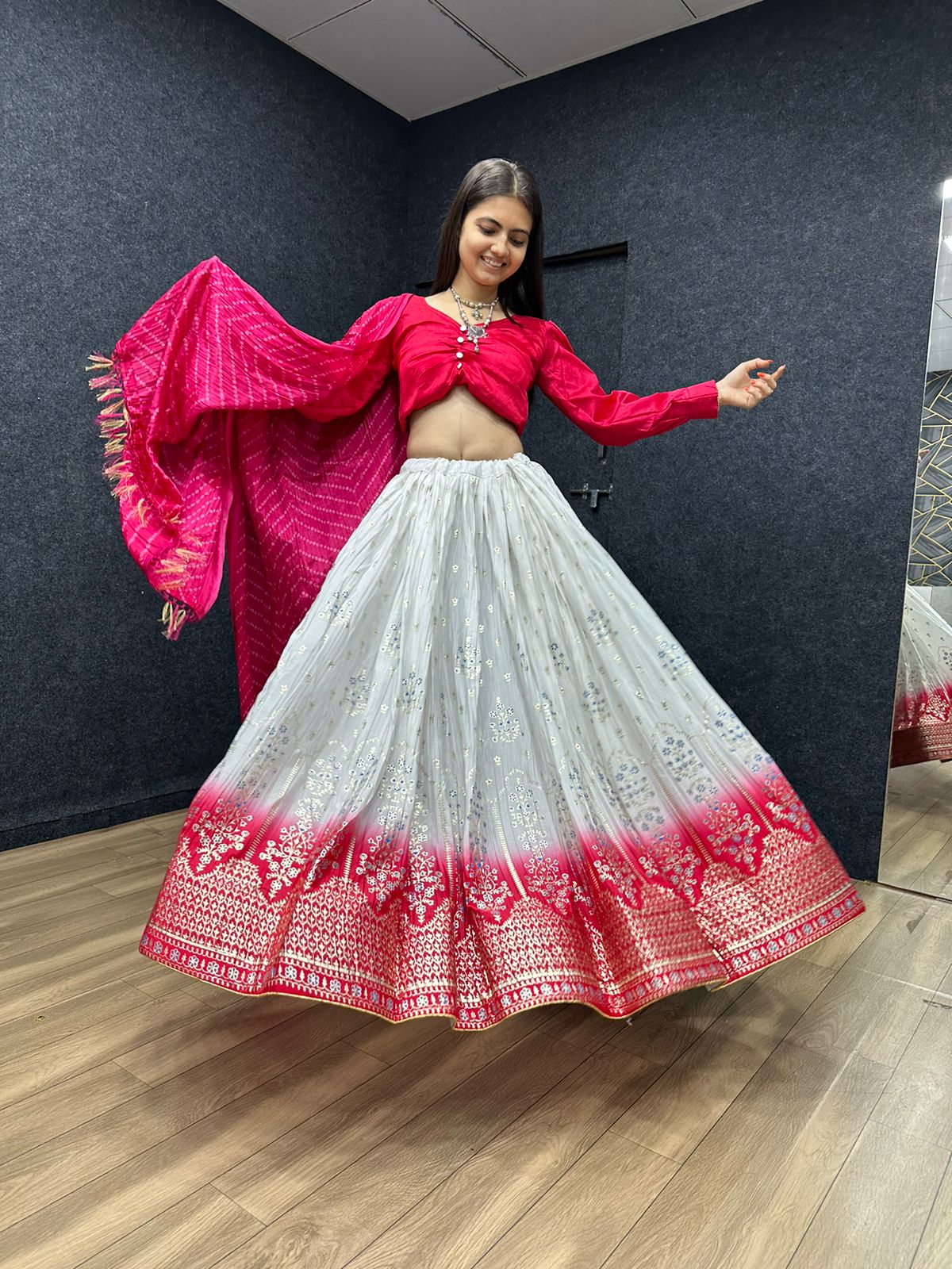 Terrific Pink And White Crush Work Lehenga Choli