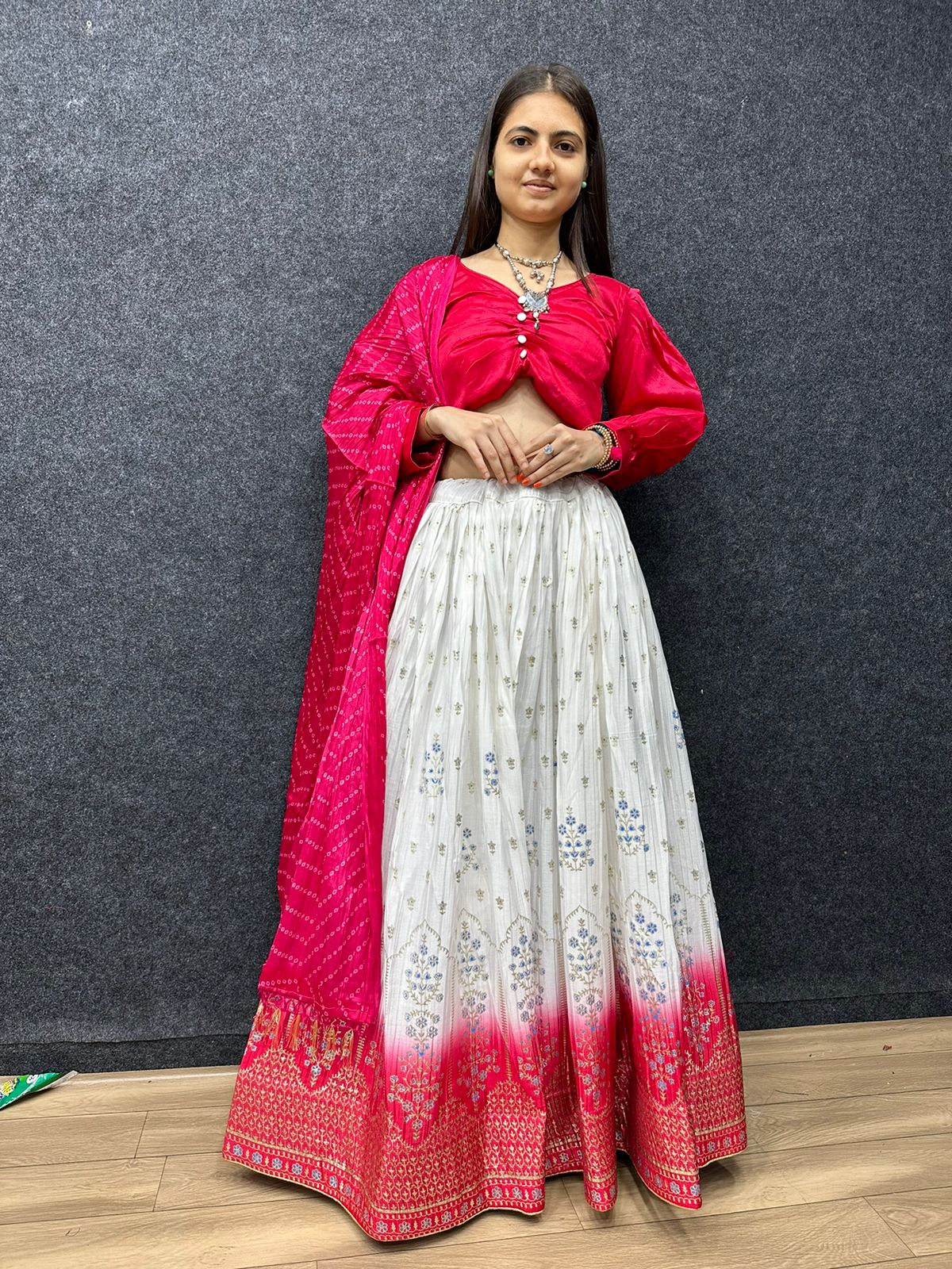 Terrific Pink And White Crush Work Lehenga Choli