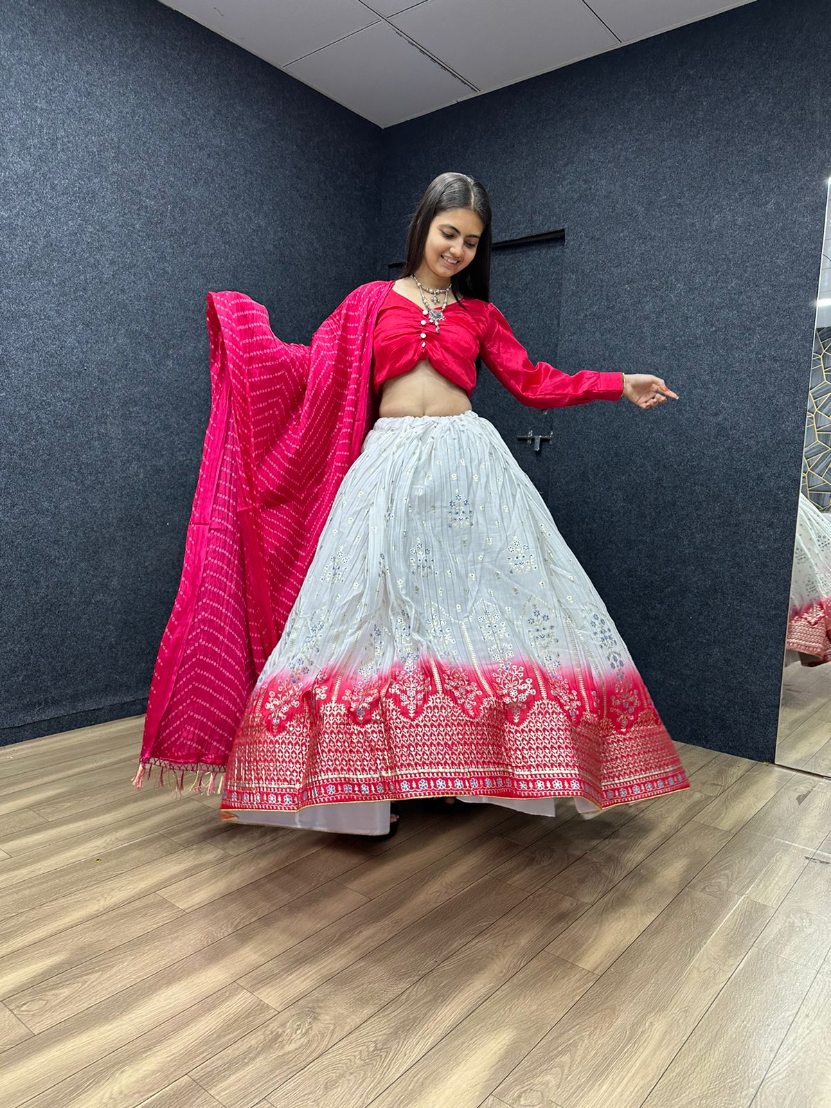 Terrific Pink And White Crush Work Lehenga Choli