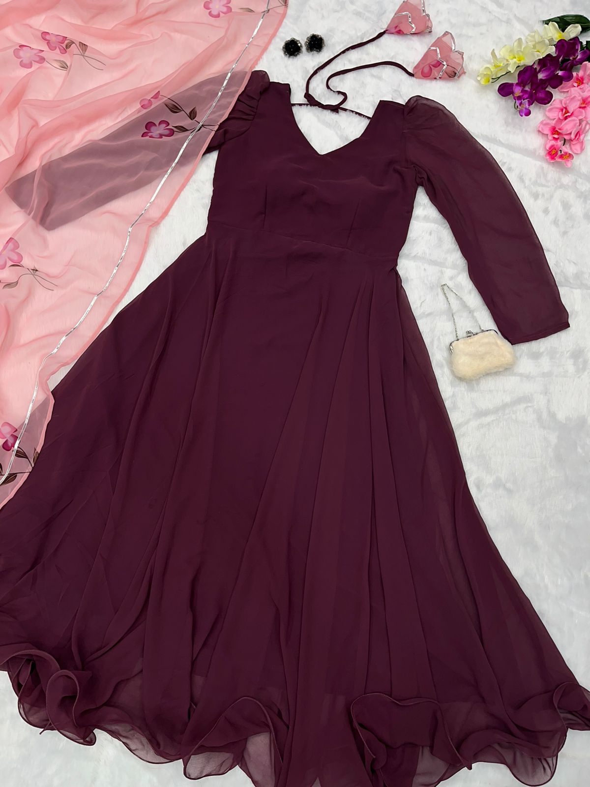 Maroon Color Plain Full Sleeve Anarkali Gown