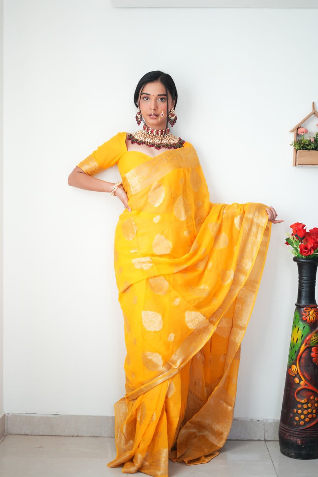 Haldi Ceremony Wear Yellow Color Ready To Wear Saree