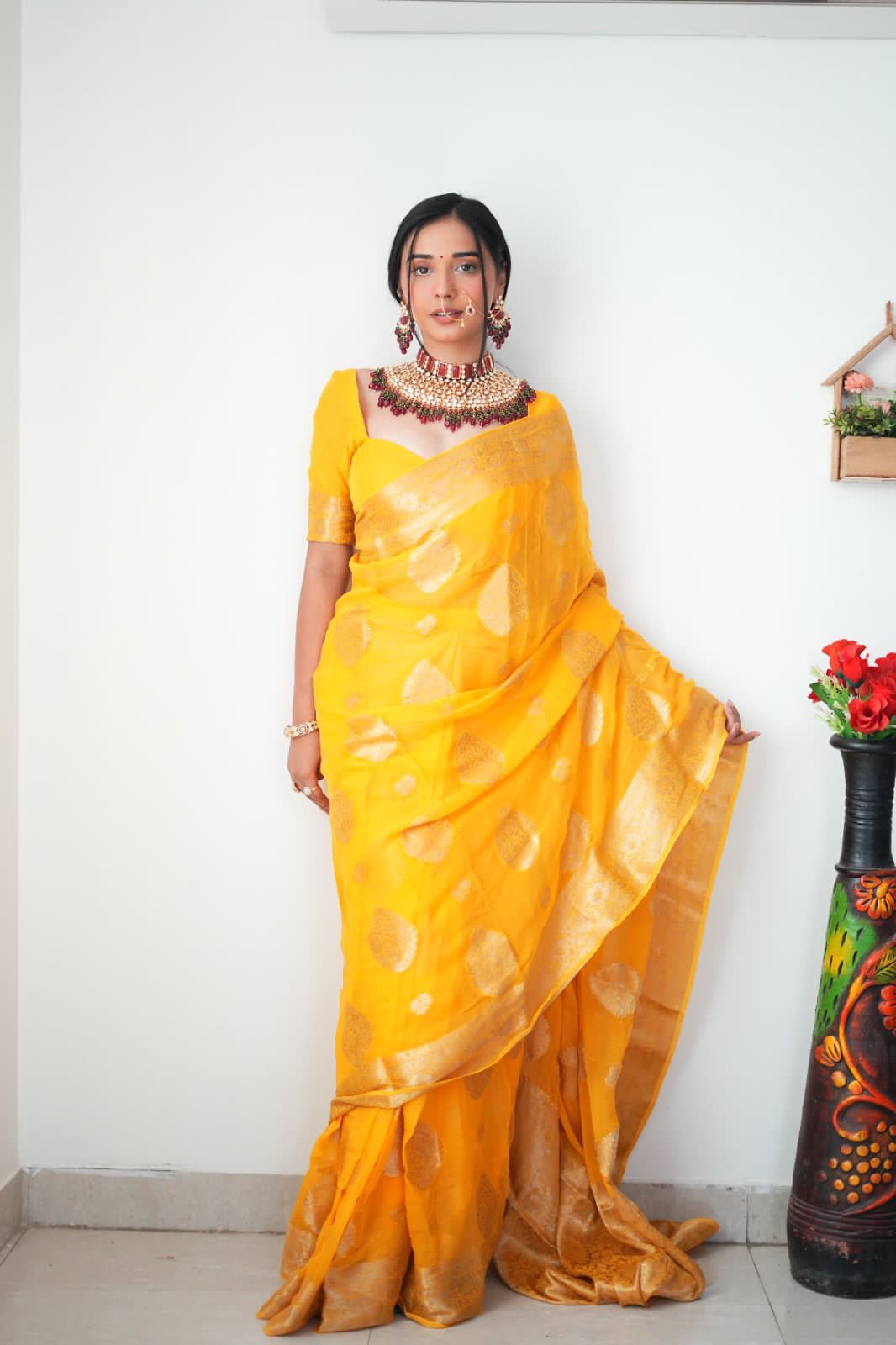 Haldi Ceremony Wear Yellow Color Ready To Wear Saree