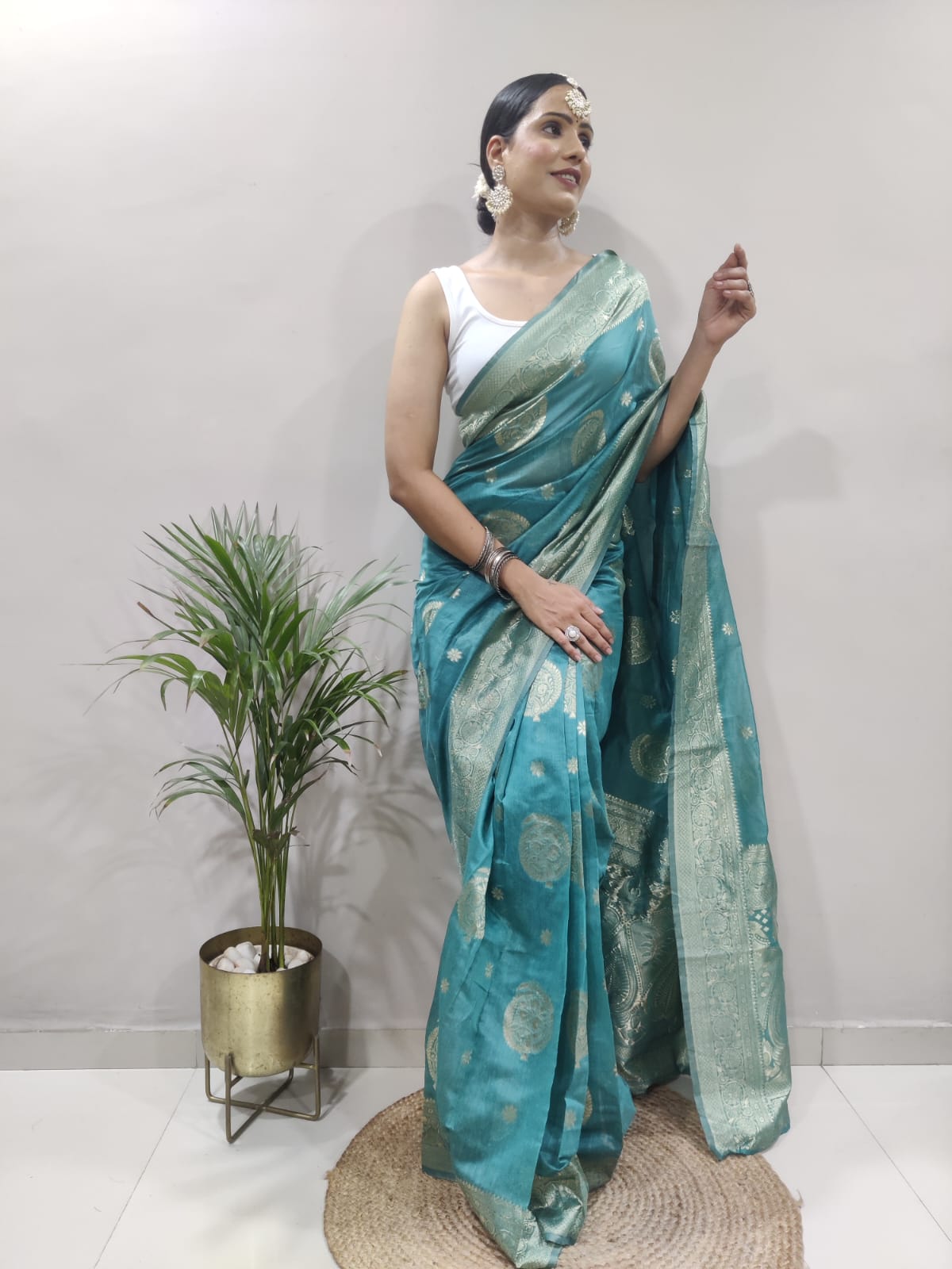 Ready To Wear Copper Jari Teal Blue Color Saree