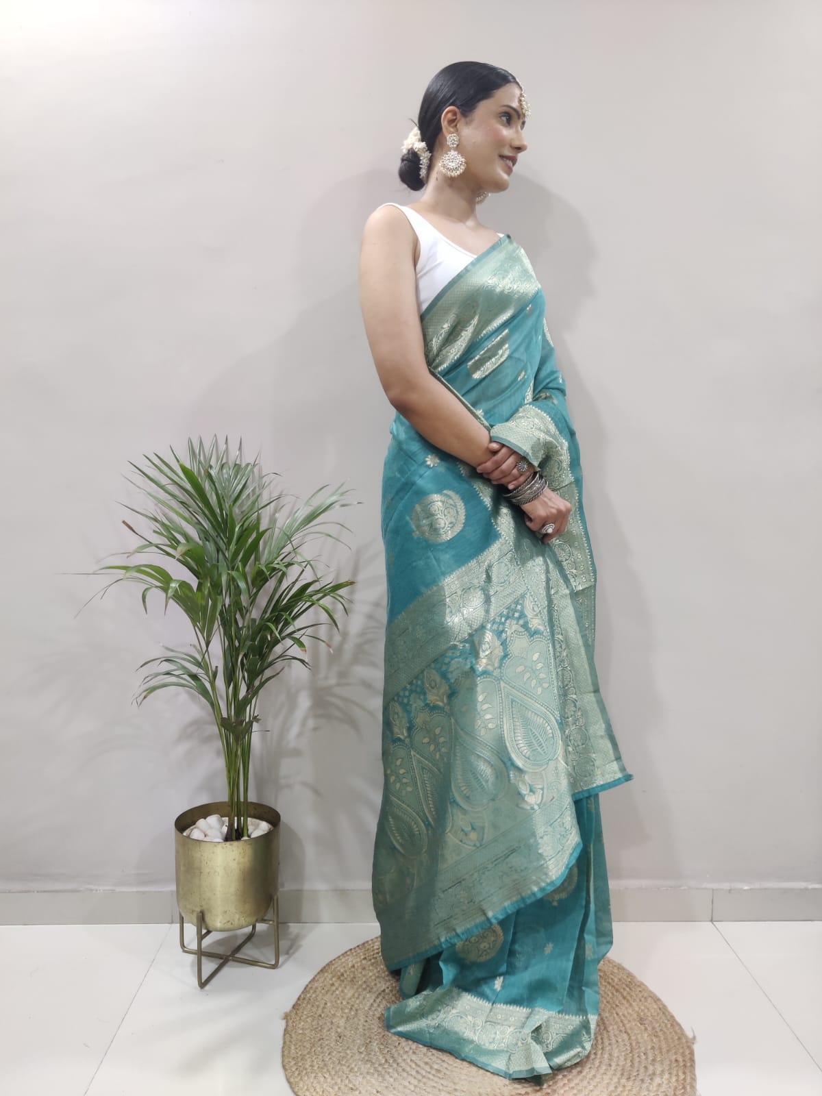 Ready To Wear Copper Jari Teal Blue Color Saree