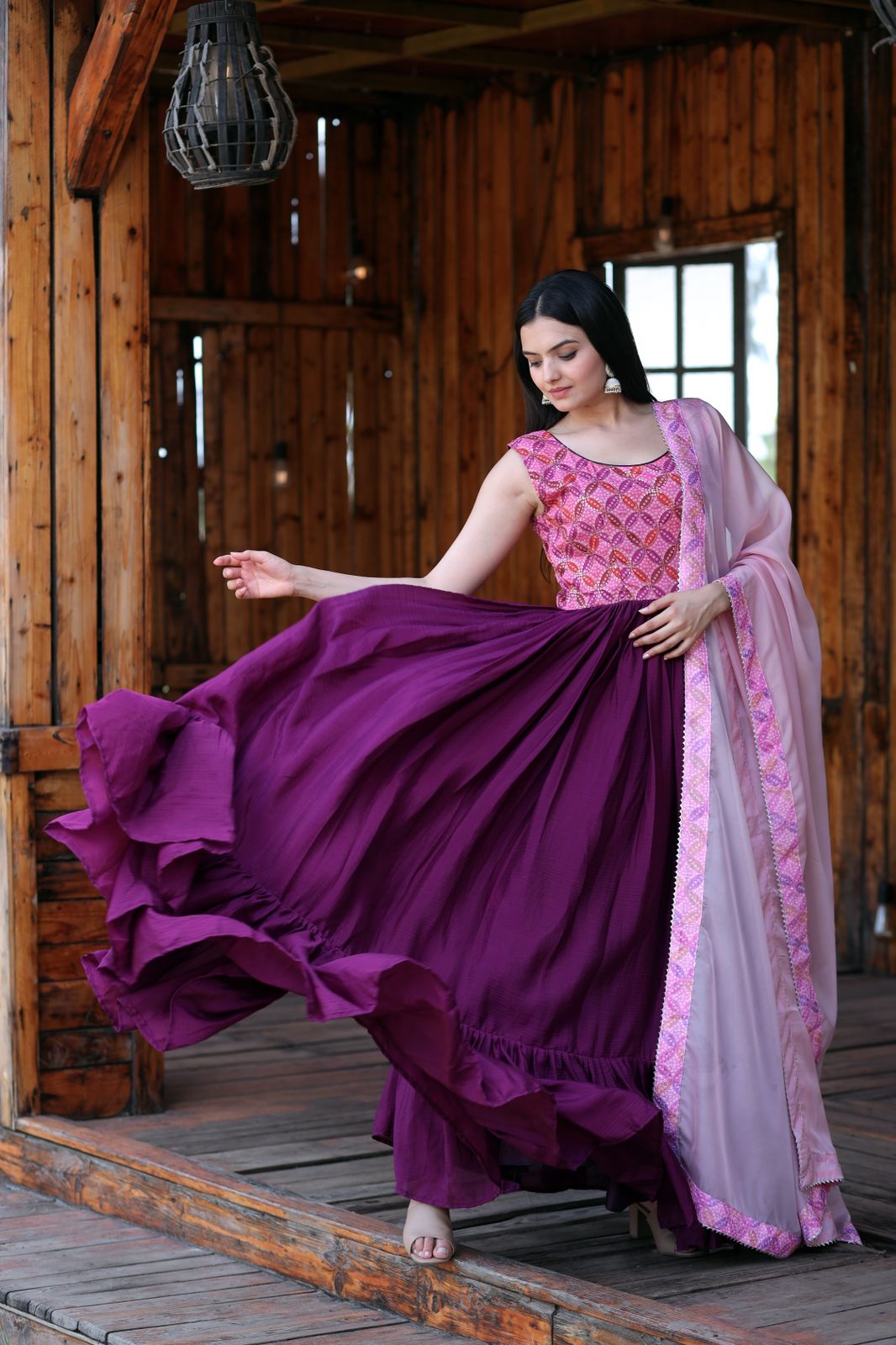 Fabulous Wine Color Print Work Gown With Dupatta