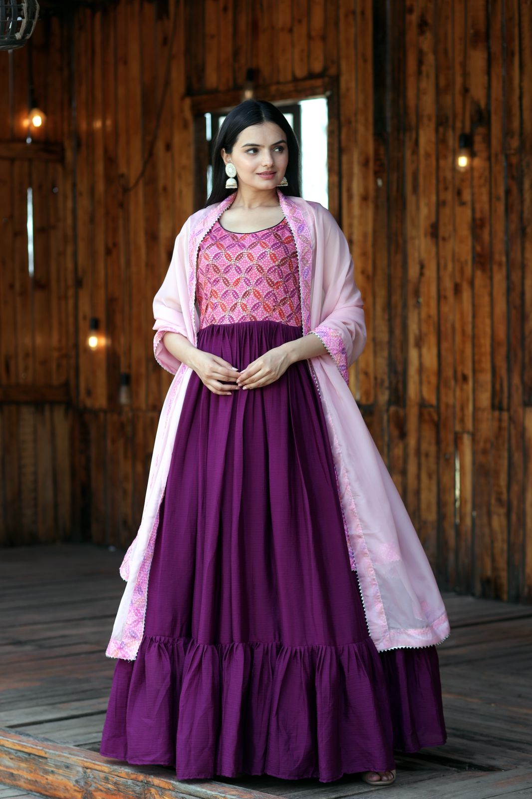 Fabulous Wine Color Print Work Gown With Dupatta