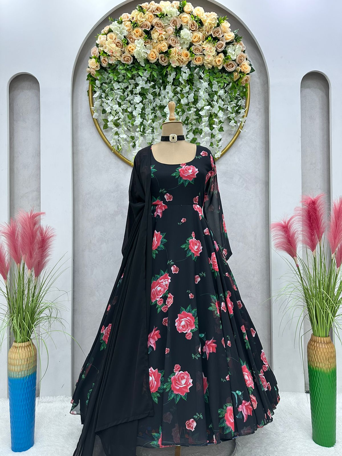 Rose Digital Print Black Color Long Gown