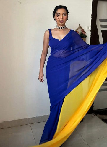 Superhit Blue With Yellow Double Color Ready To Wear Saree