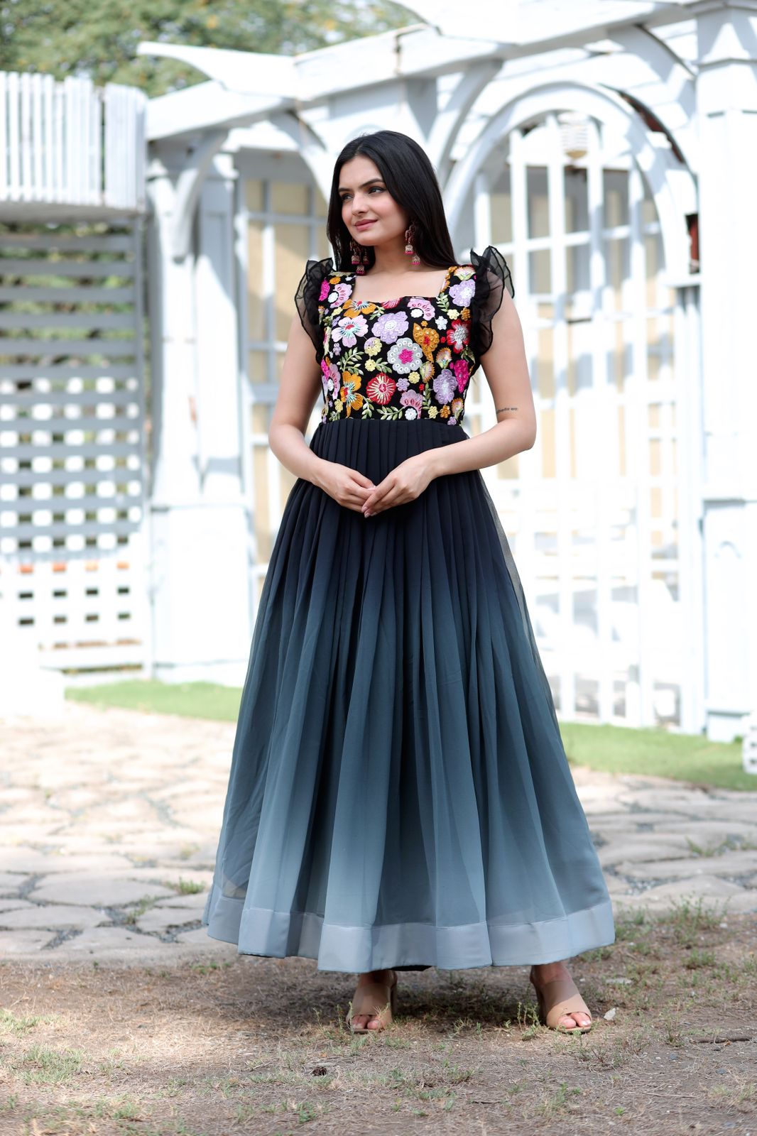 Occasion Wear Black Color Shade With Work Gown