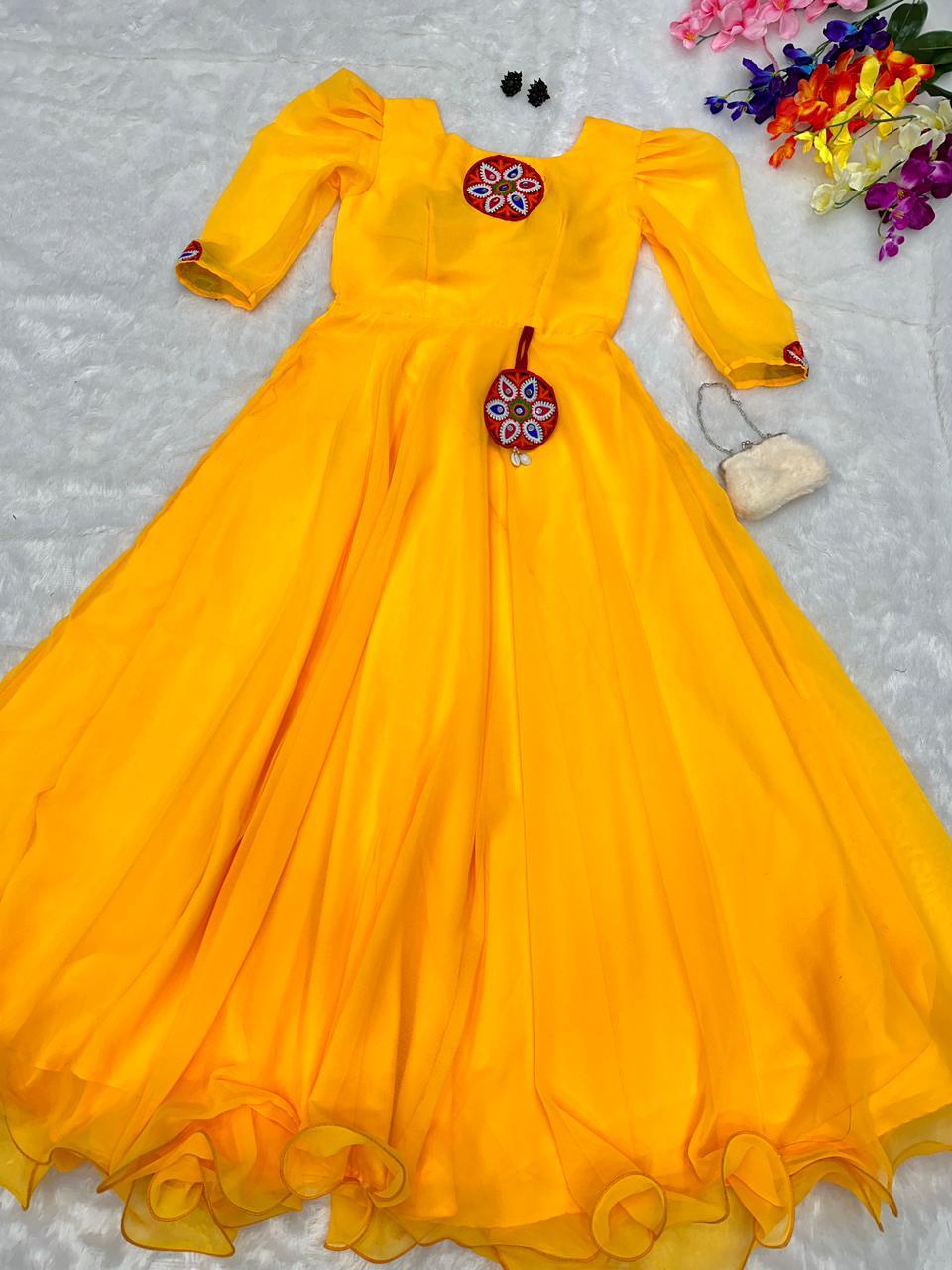 Festive Wear Thread Patch Work Yellow Color Gown