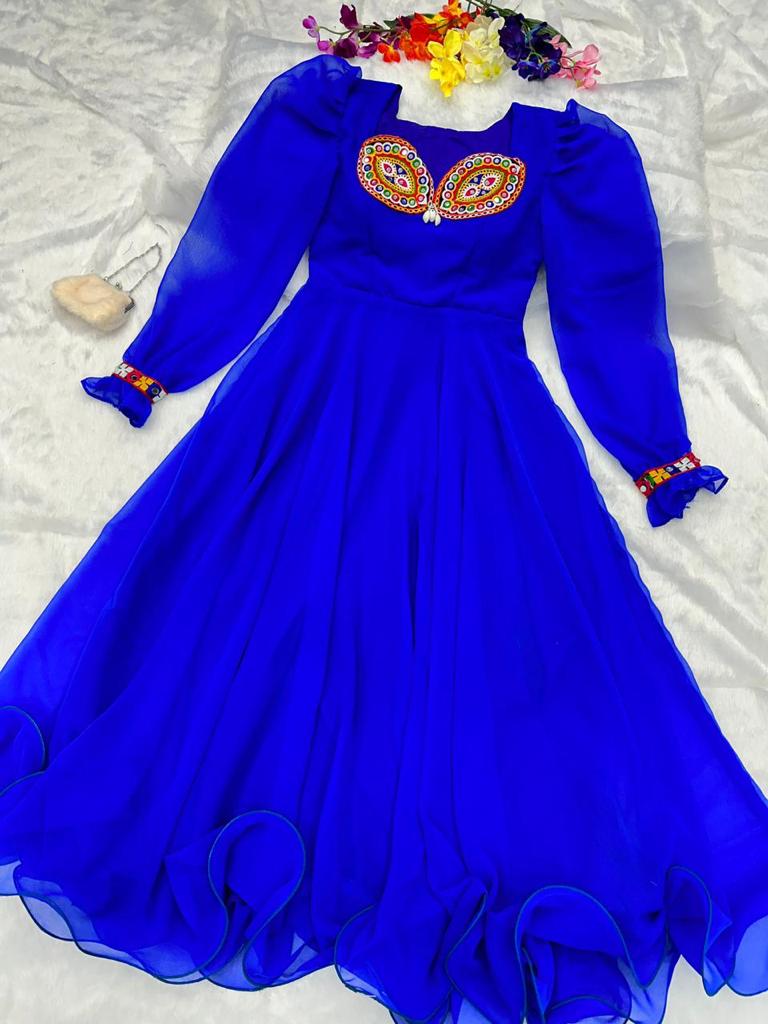 Presenting Blue Color Thread Mirror Work Gown