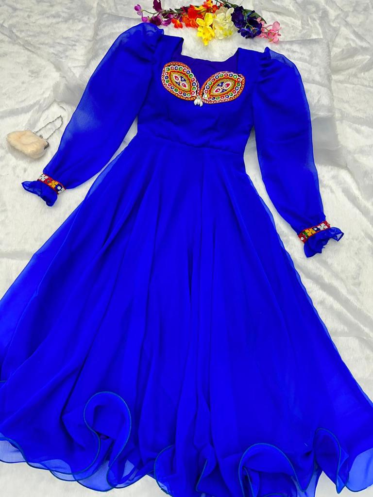 Presenting Blue Color Thread Mirror Work Gown