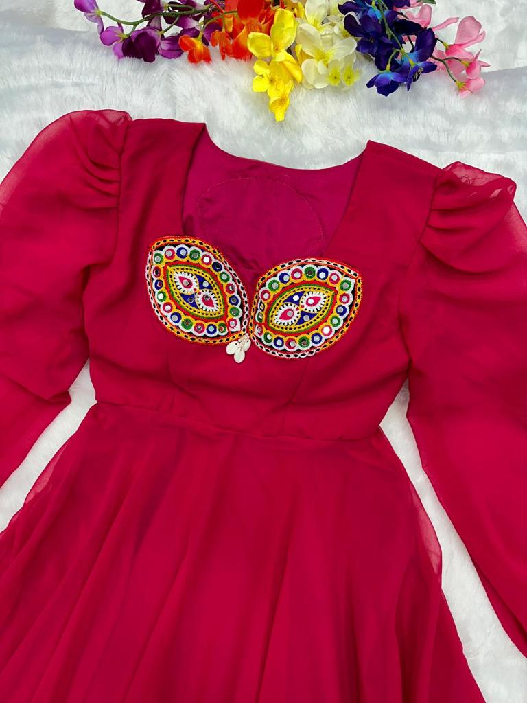 Presenting Dark Pink Color Thread Mirror Work Gown