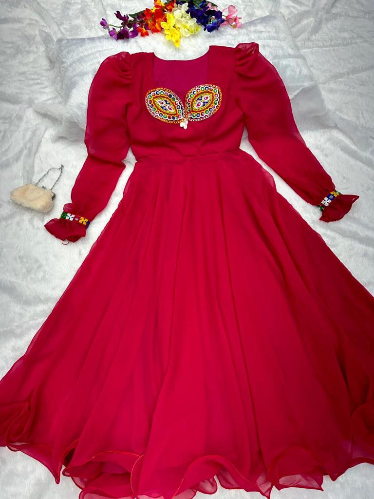 Presenting Dark Pink Color Thread Mirror Work Gown