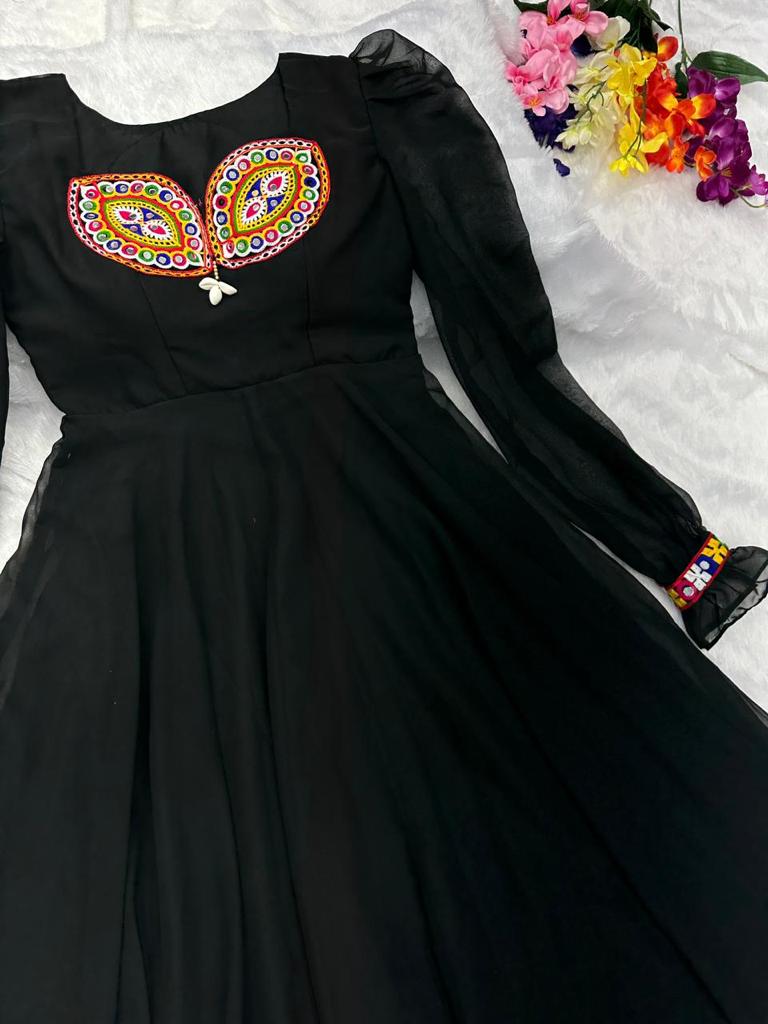 Presenting Black Color Thread Mirror Work Gown