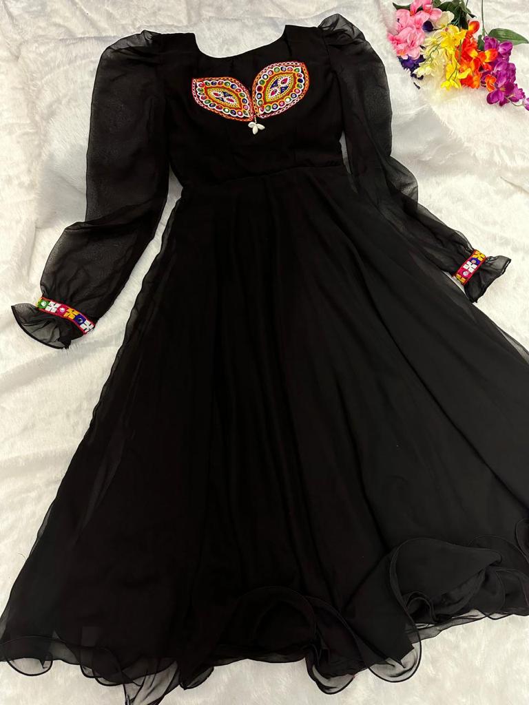 Presenting Black Color Thread Mirror Work Gown