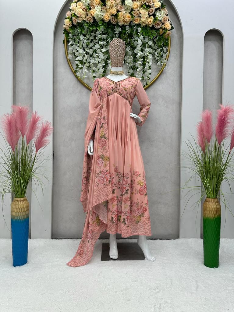 Captivating Handwork With Print  Peach Color Gown