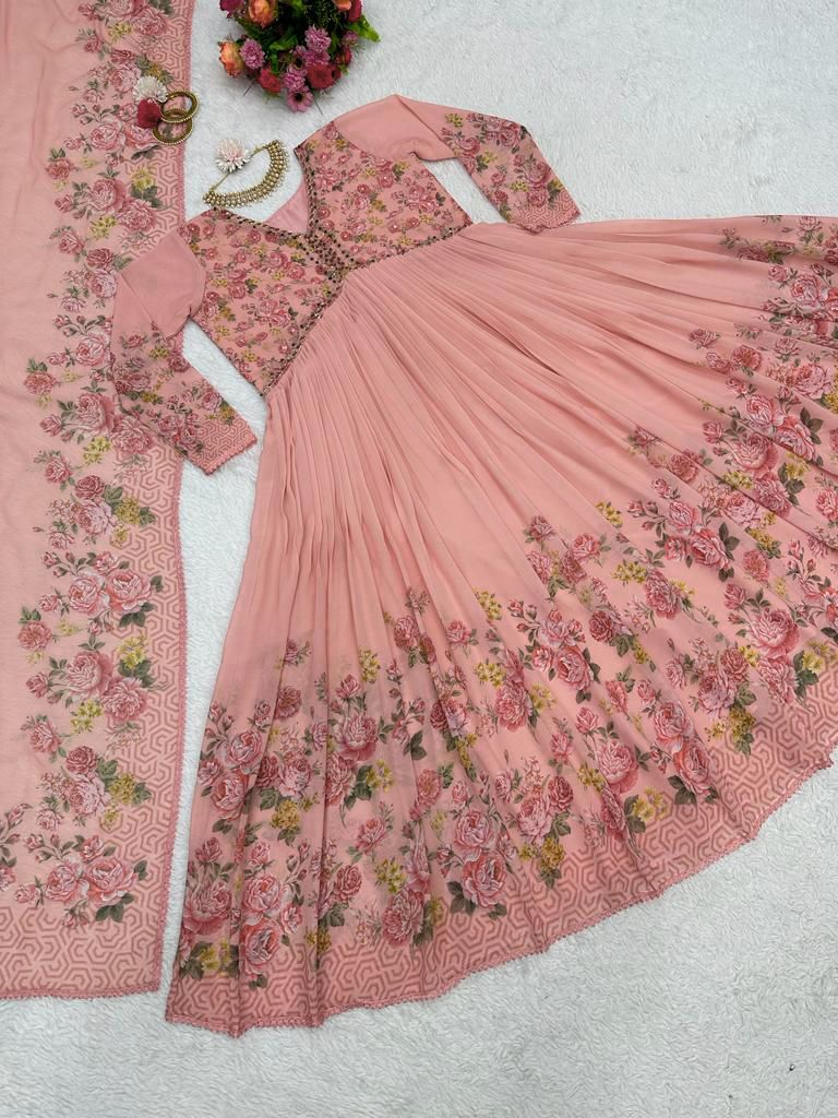 Captivating Handwork With Print  Peach Color Gown