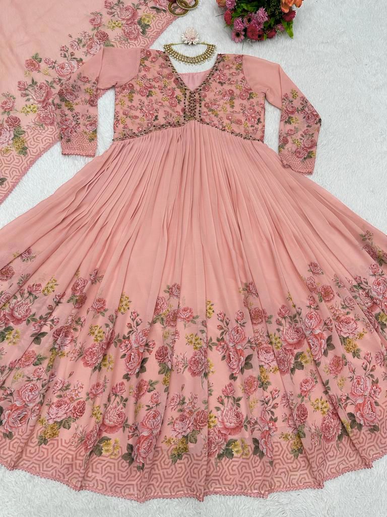 Captivating Handwork With Print  Peach Color Gown